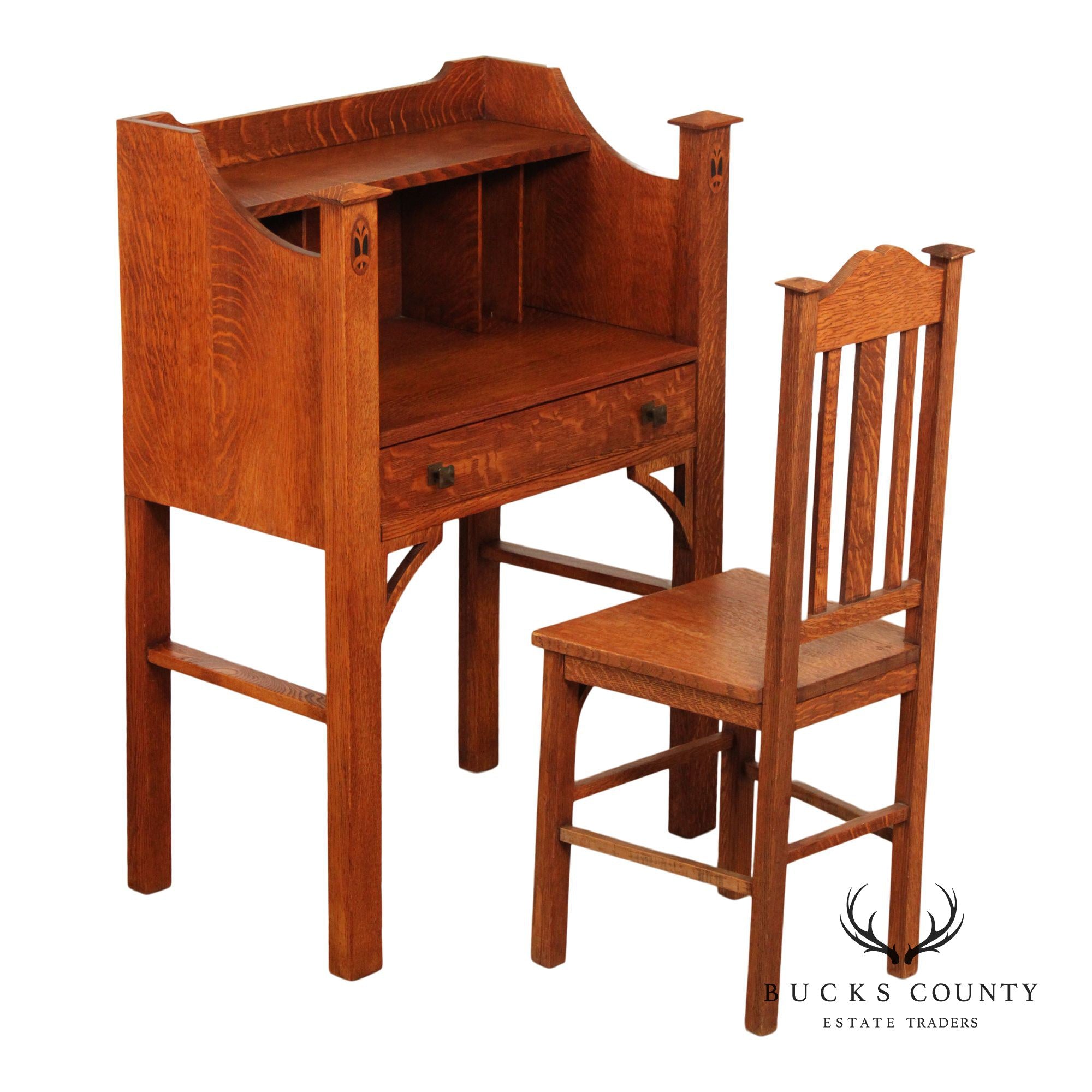 Antique WelBilt Arts & Crafts Inlaid Oak Writing Desk and Chair