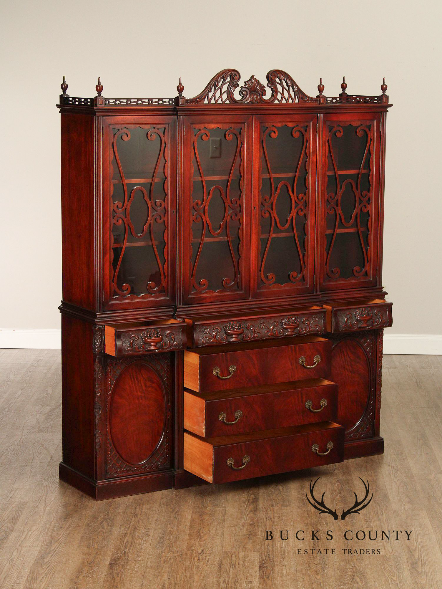 1940's Vintage Carved Mahogany China Cabinet