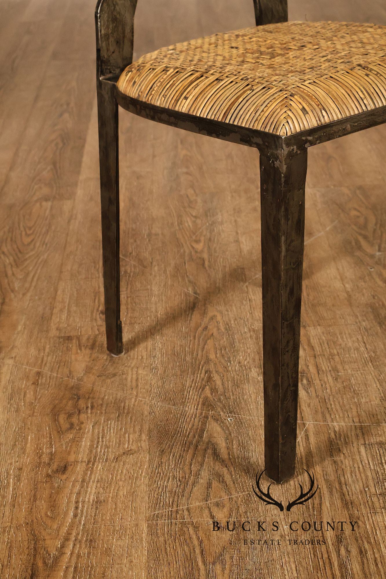 Biedermeier Style Pair Of Forged Iron And Woven Rattan Side Chairs