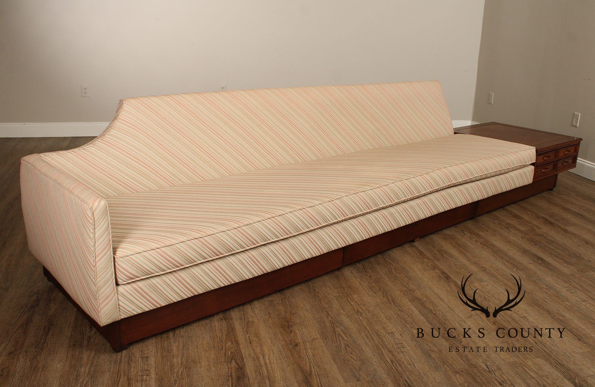 Mid-Century Modern Walnut Long Sofa With End Table