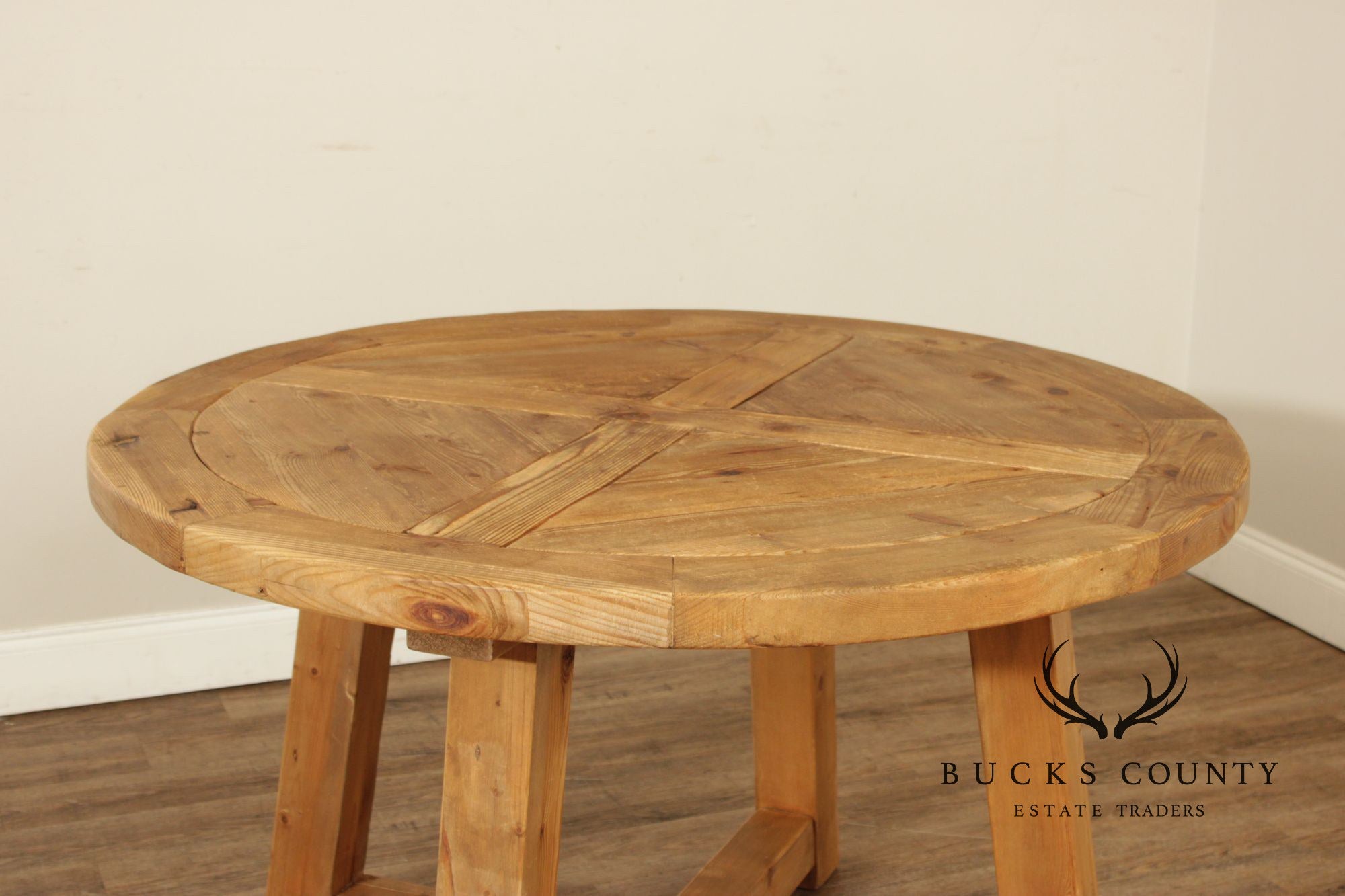 Rustic Industrial Round Pine Dining Or Center Table With X-Base