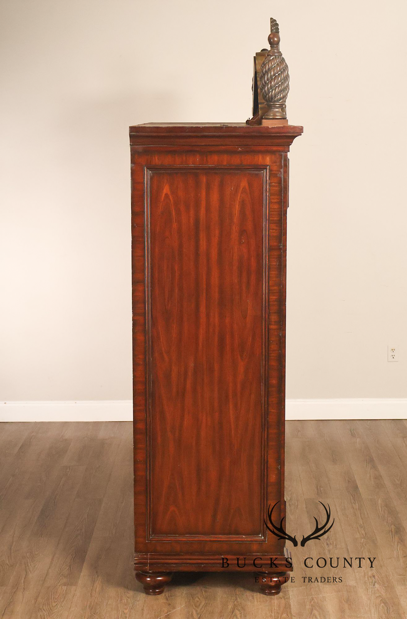 Maitland-Smith Large Mahogany Armoire Cabinet With Bronze Scrollwork Finials And Raised Panel Doors