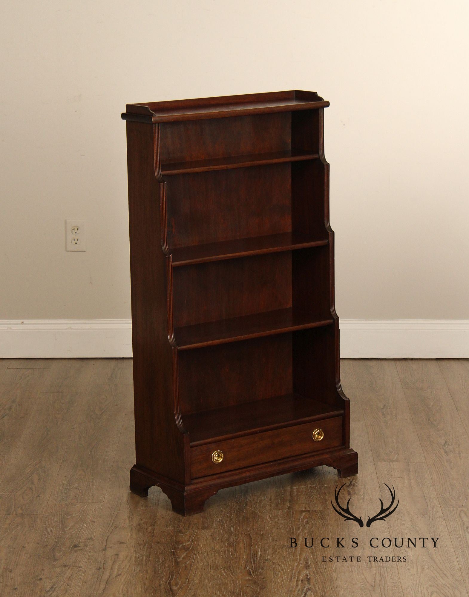 Vintage Georgian Style Narrow Mahogany Waterfall Open Bookcase With Drawer