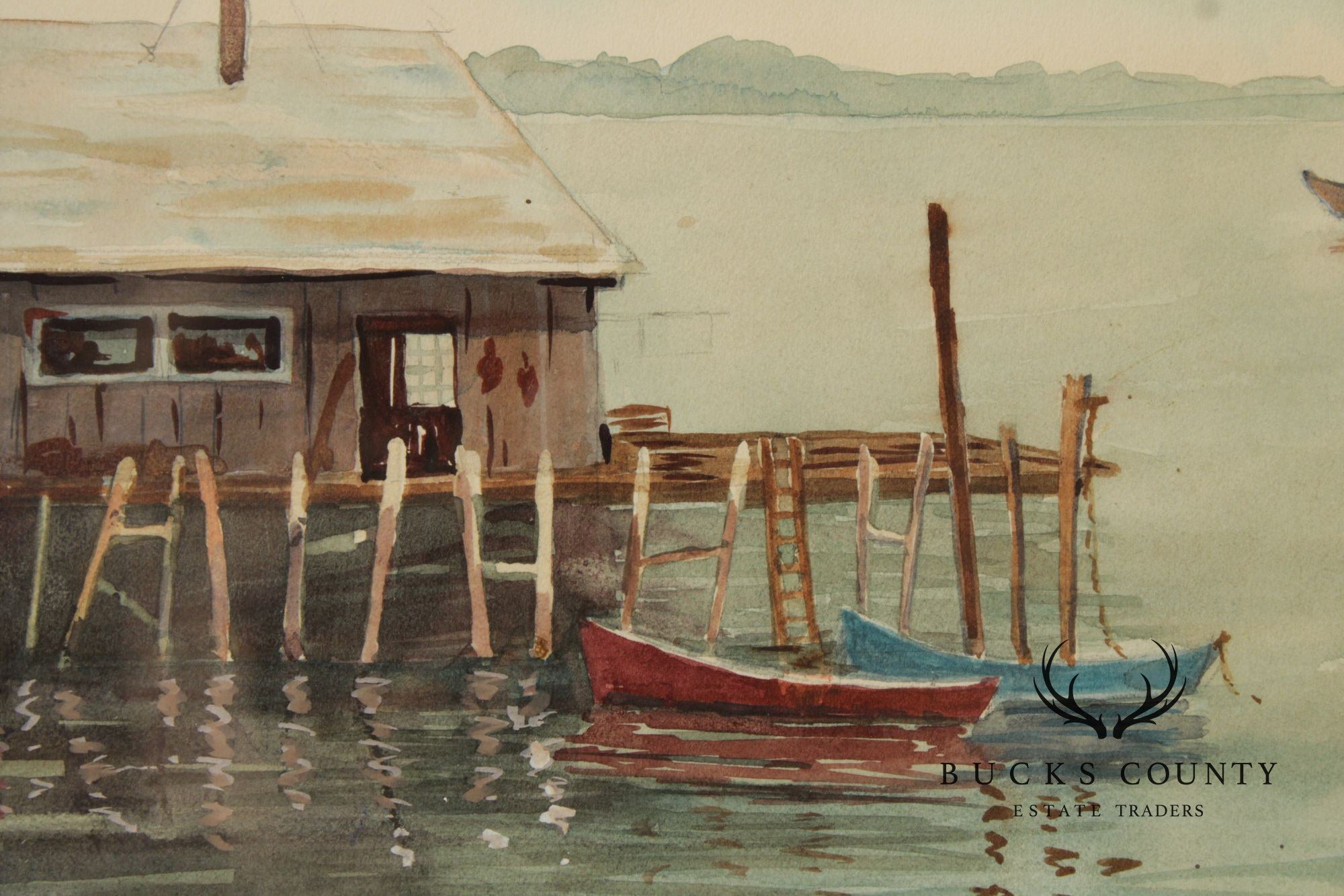 Bertha Ann Stupak Watercolor Painting, Boats in Harbor