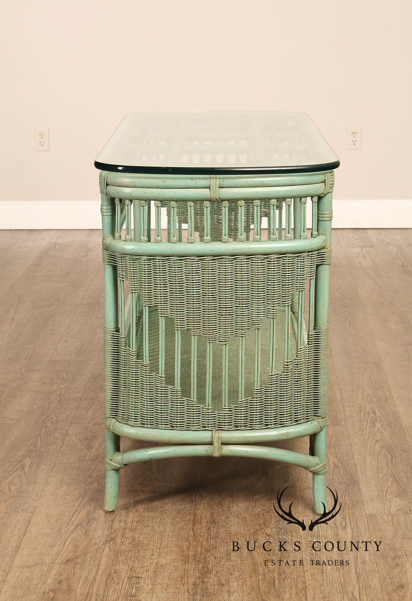 Boho Chic Glass Top Painted Rattan Glass Top Console Table