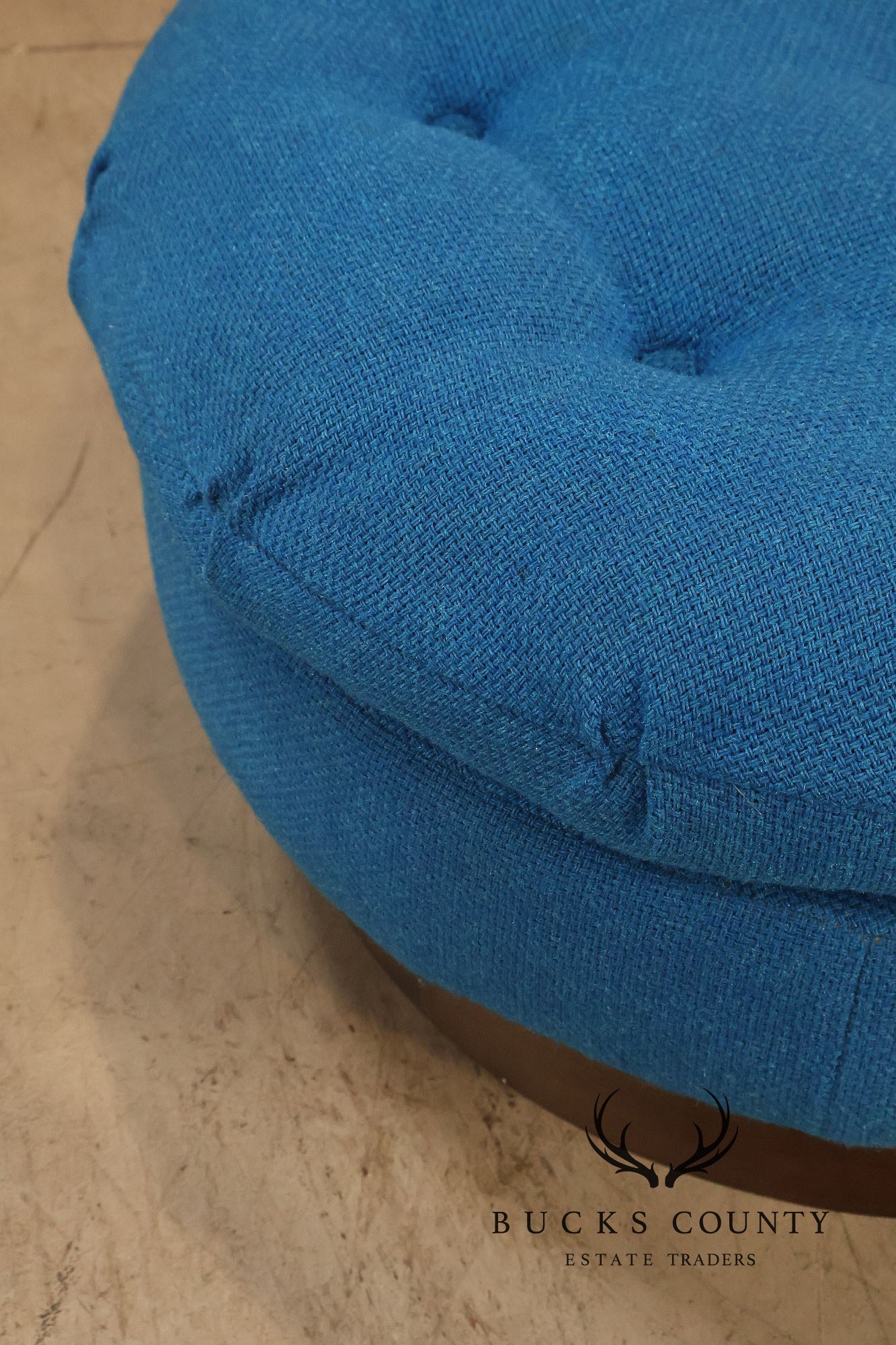 Vintage Schnadig Mid Century Modern Round Blue Upholstered Ottoman