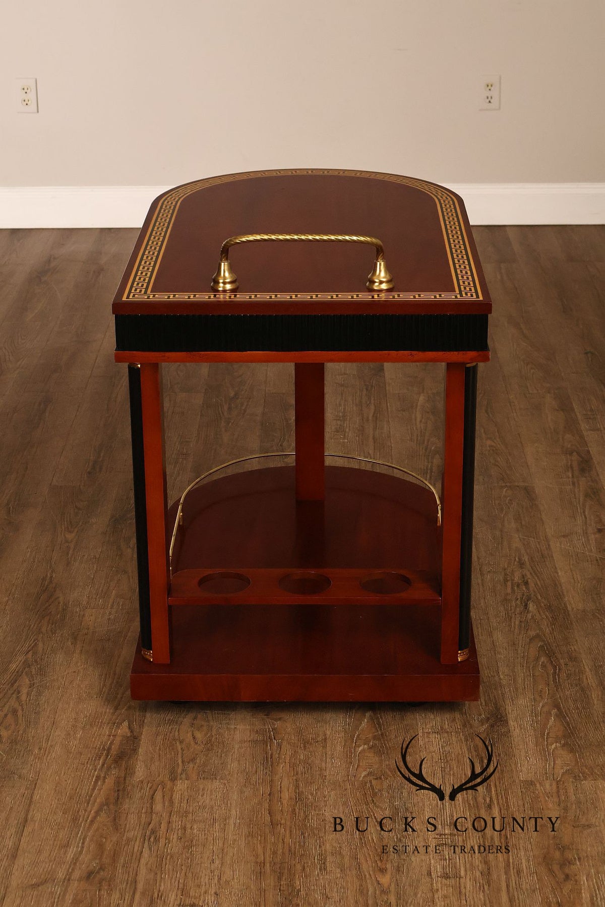 Neoclassical Style Mahogany And Ebonized Bar Cart With Greek Key Inlay And Brass Accents