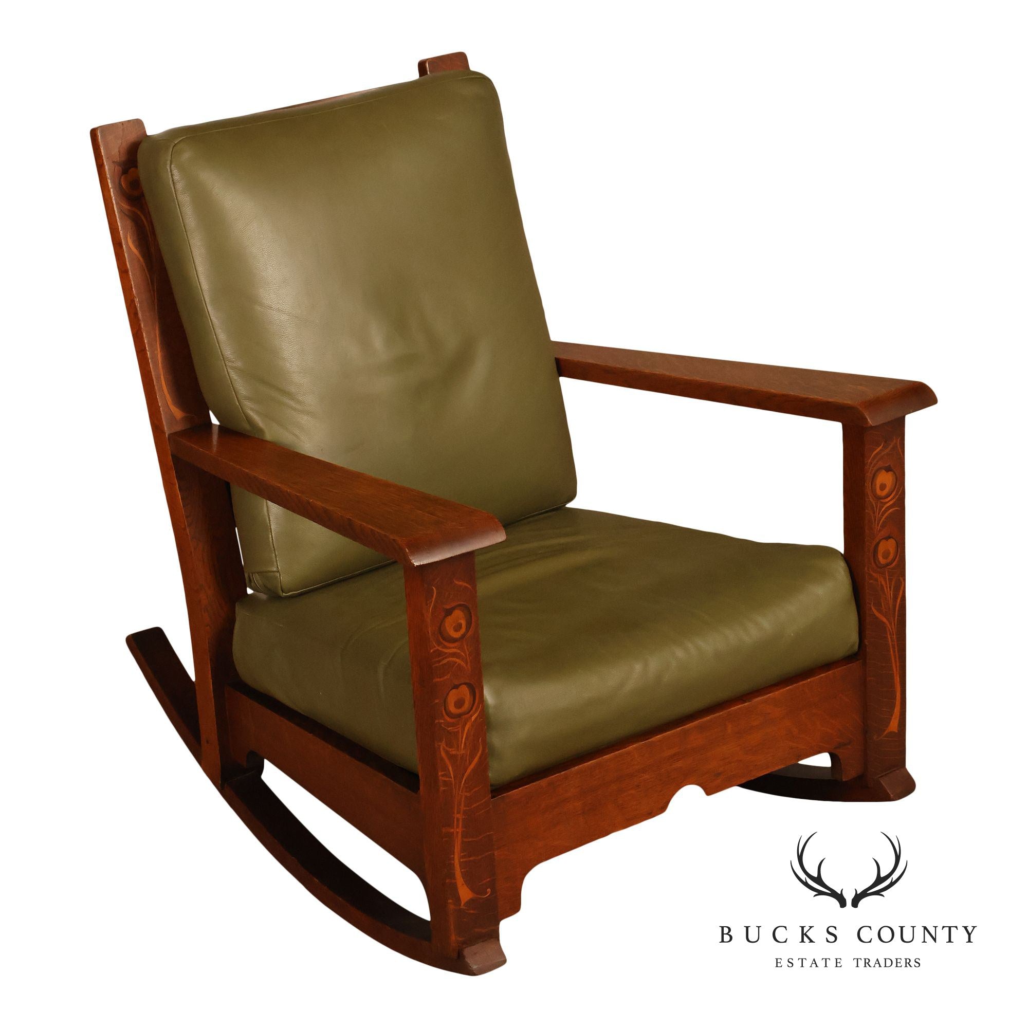 Early Rare Antique Stickley Brothers Arts And Crafts Inlaid Peacock Rocking Chair