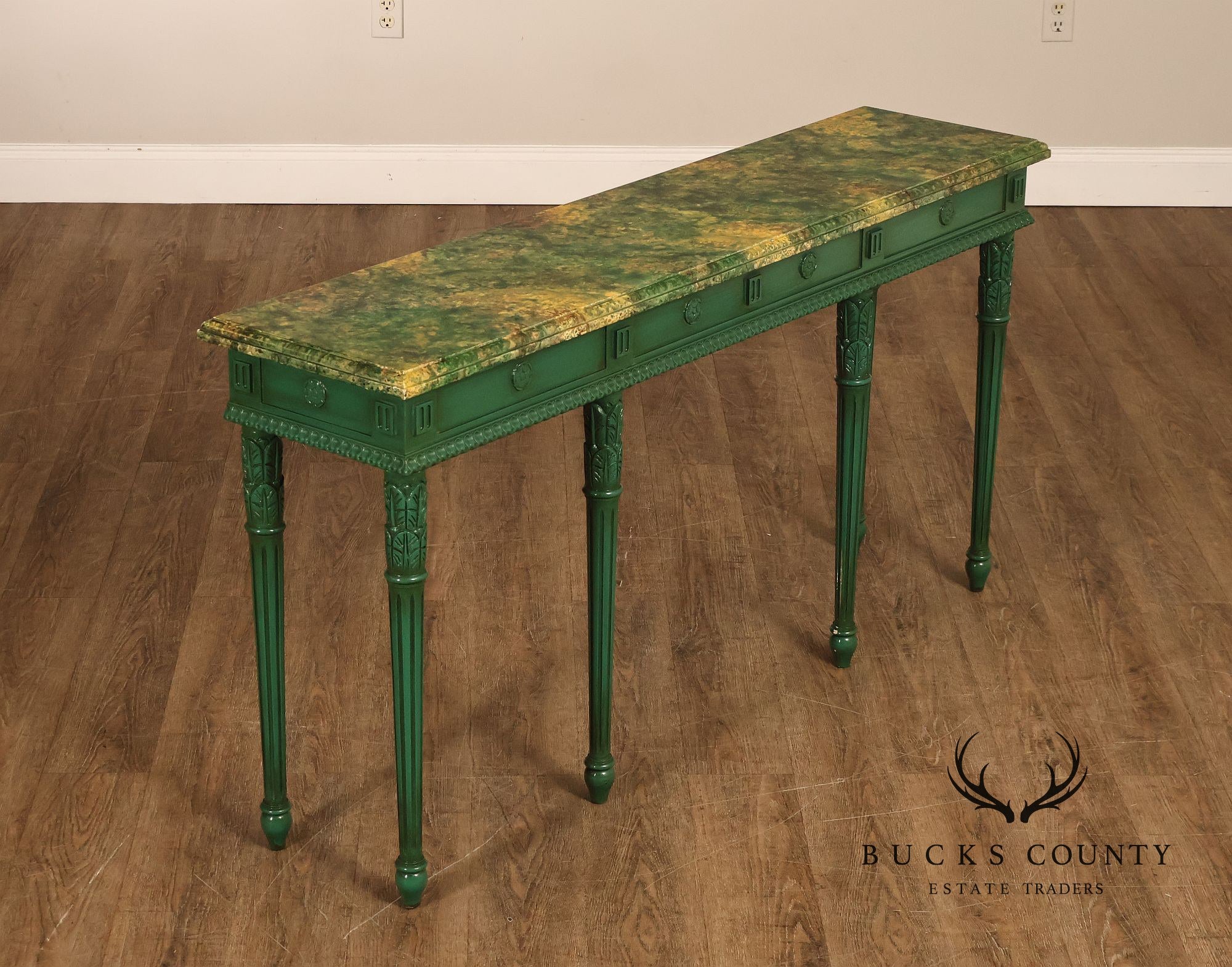 Neoclassical Style Narrow Custom Quality Console Table With Faux Marble Top