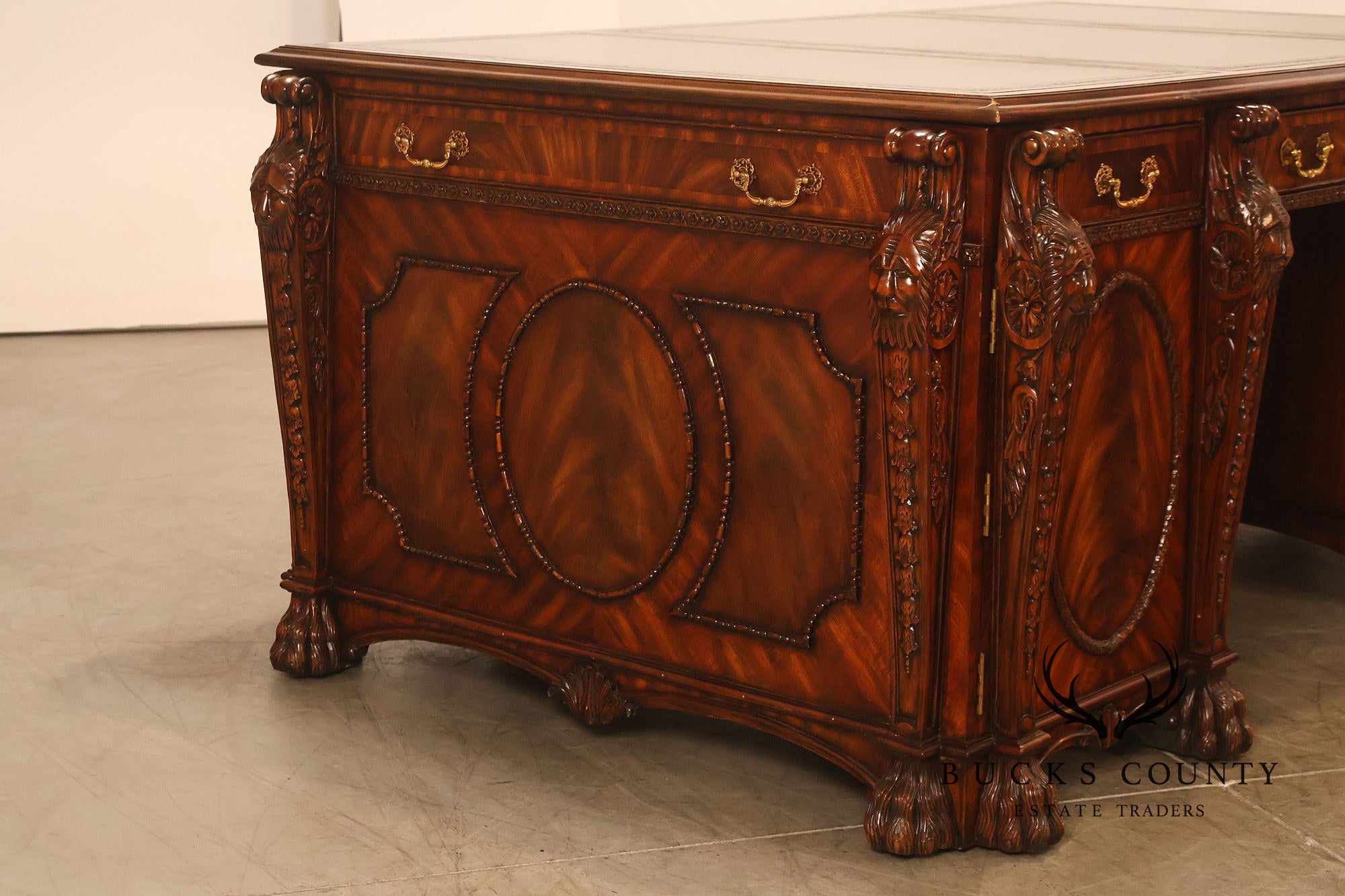 Maitland-Smith Carved Mahogany Leather Top Executive Partner's Desk