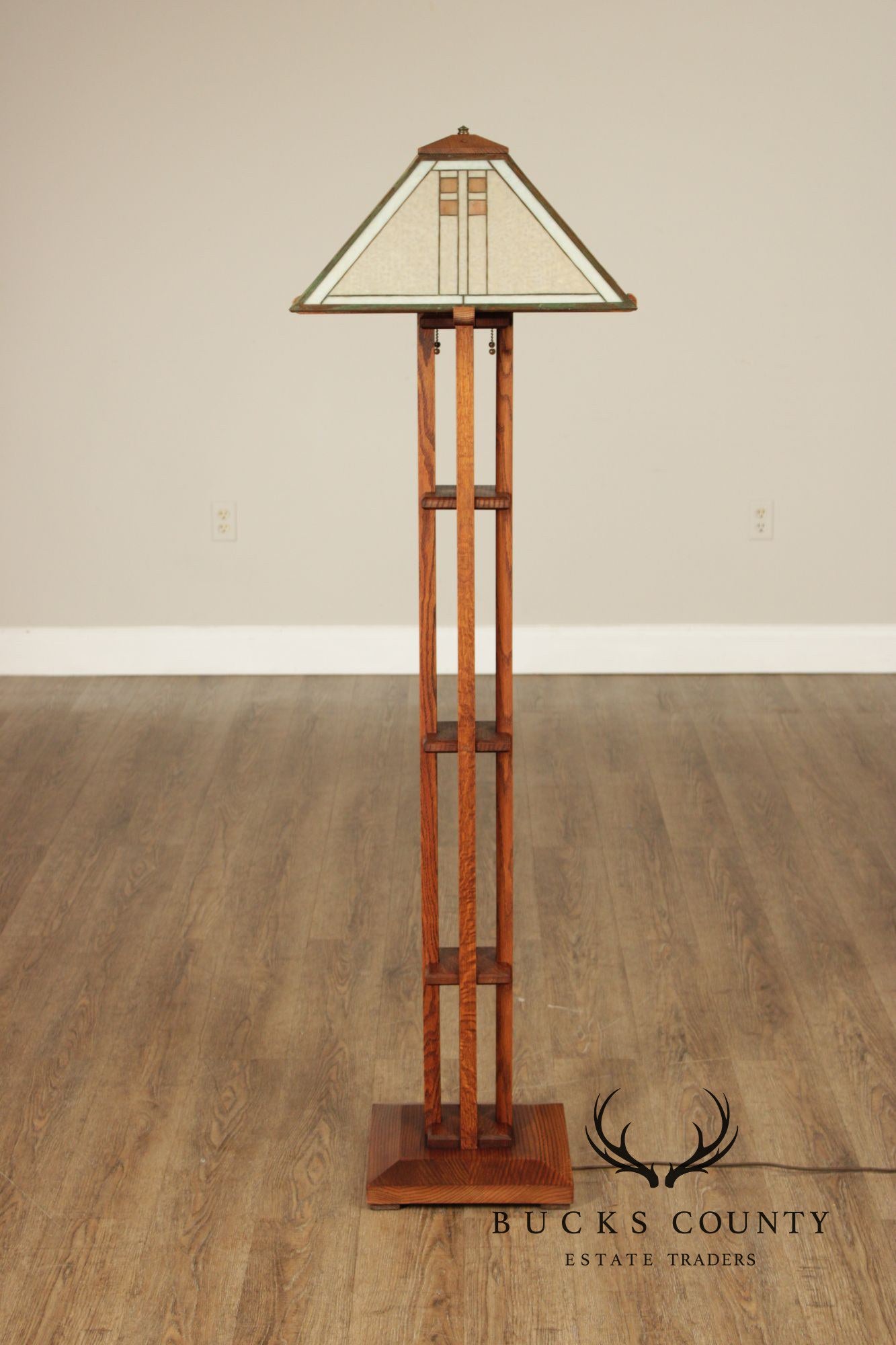 Pair Michael Adams – Aurora Studios Prairie School Oak & Stained Glass Floor Lamps