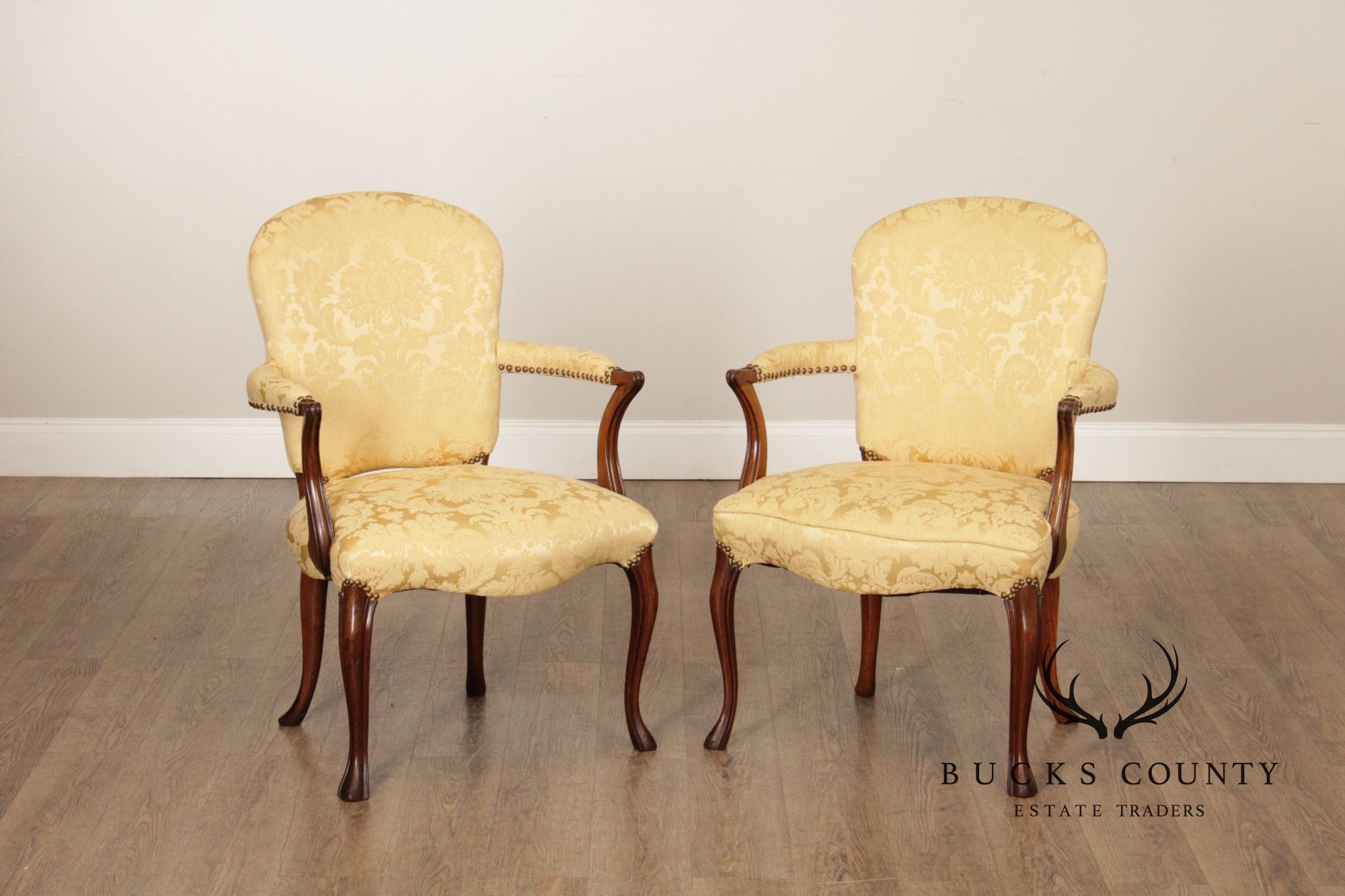 Queen Anne Style Vintage Pair of Mahogany Upholstered Armchairs
