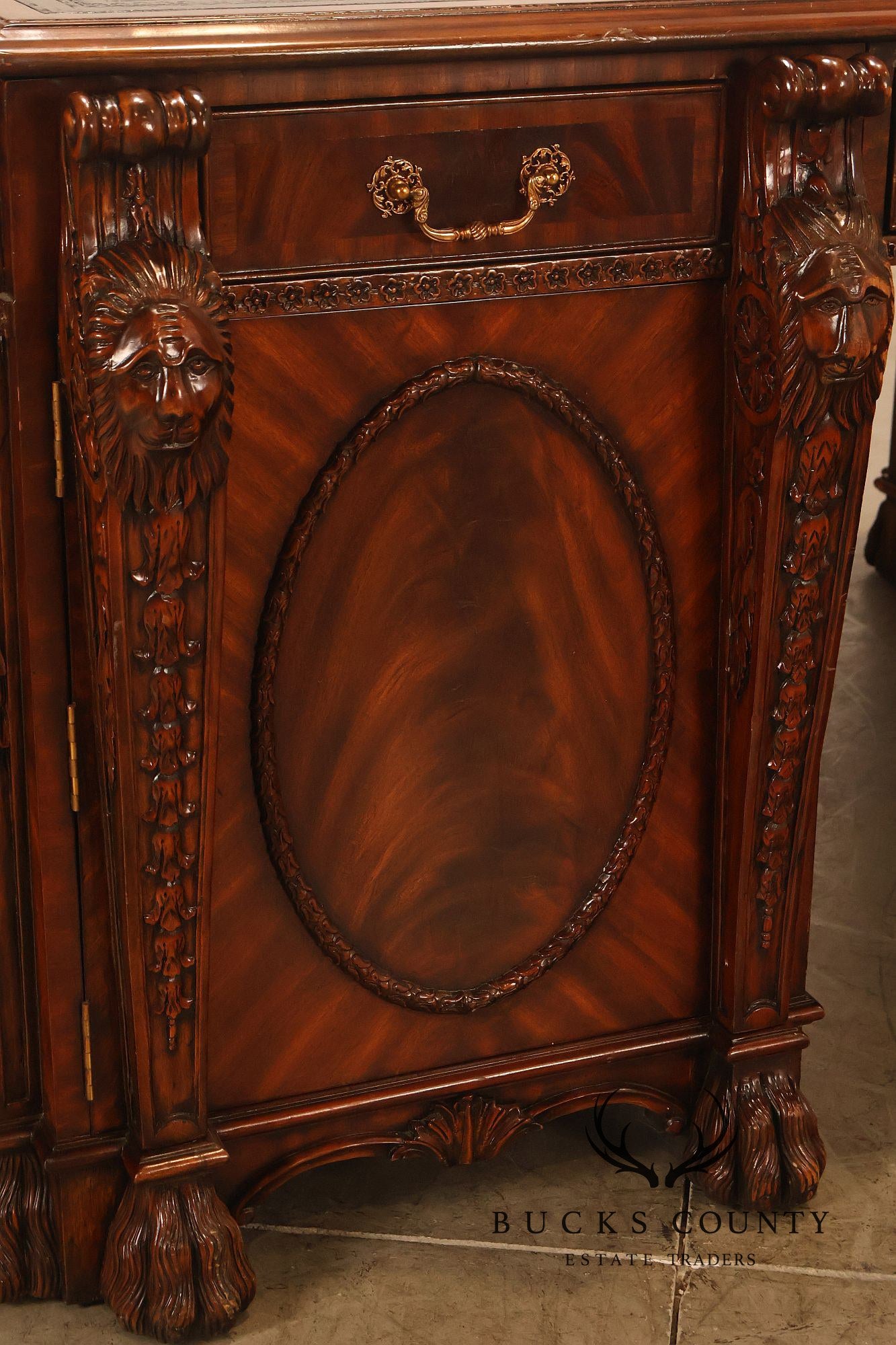 Maitland-Smith Carved Mahogany Leather Top Executive Partner's Desk