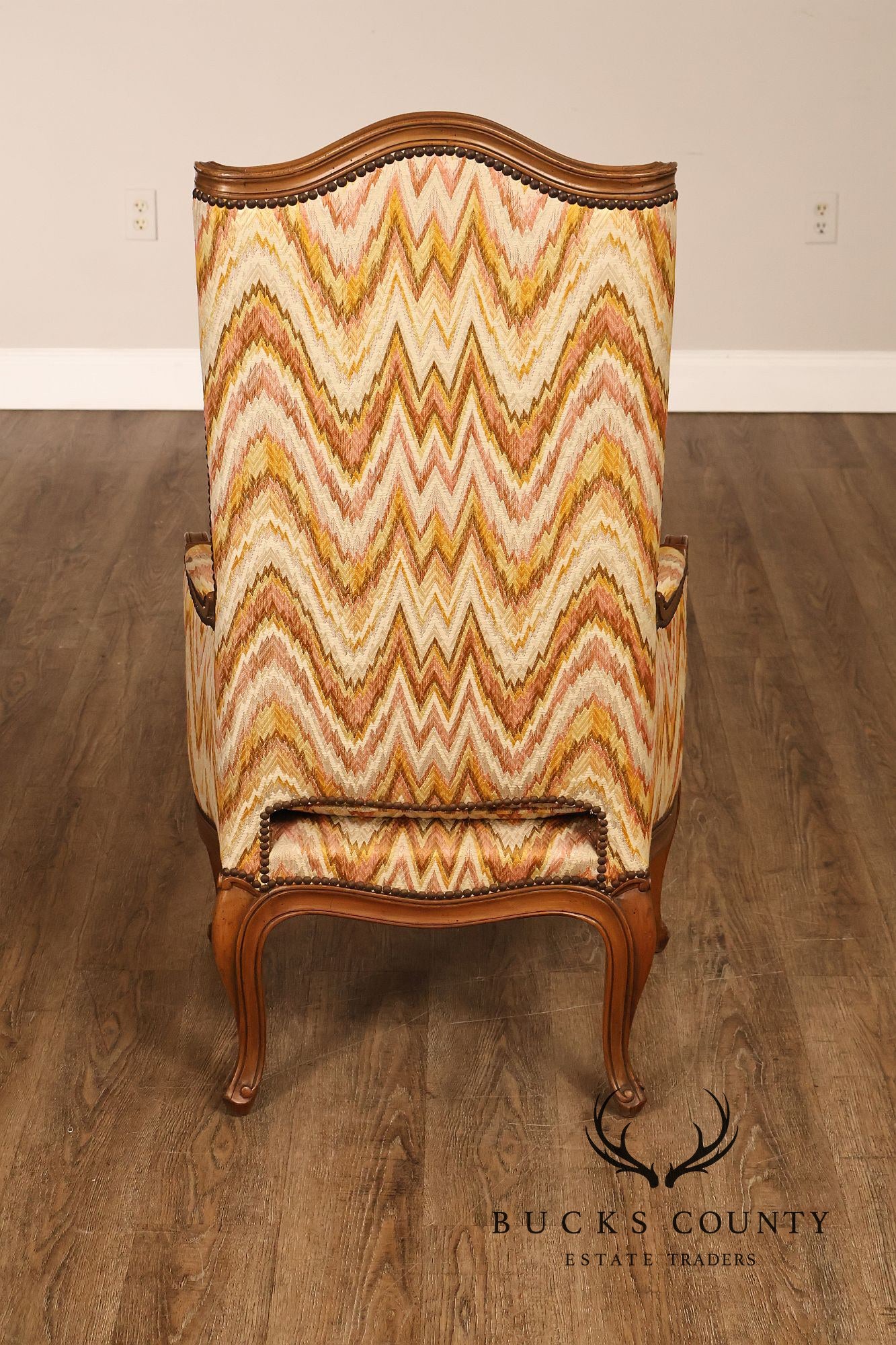 Baker Furniture French Style High Back Upholstered Wingback Armchair with Nailhead Trim