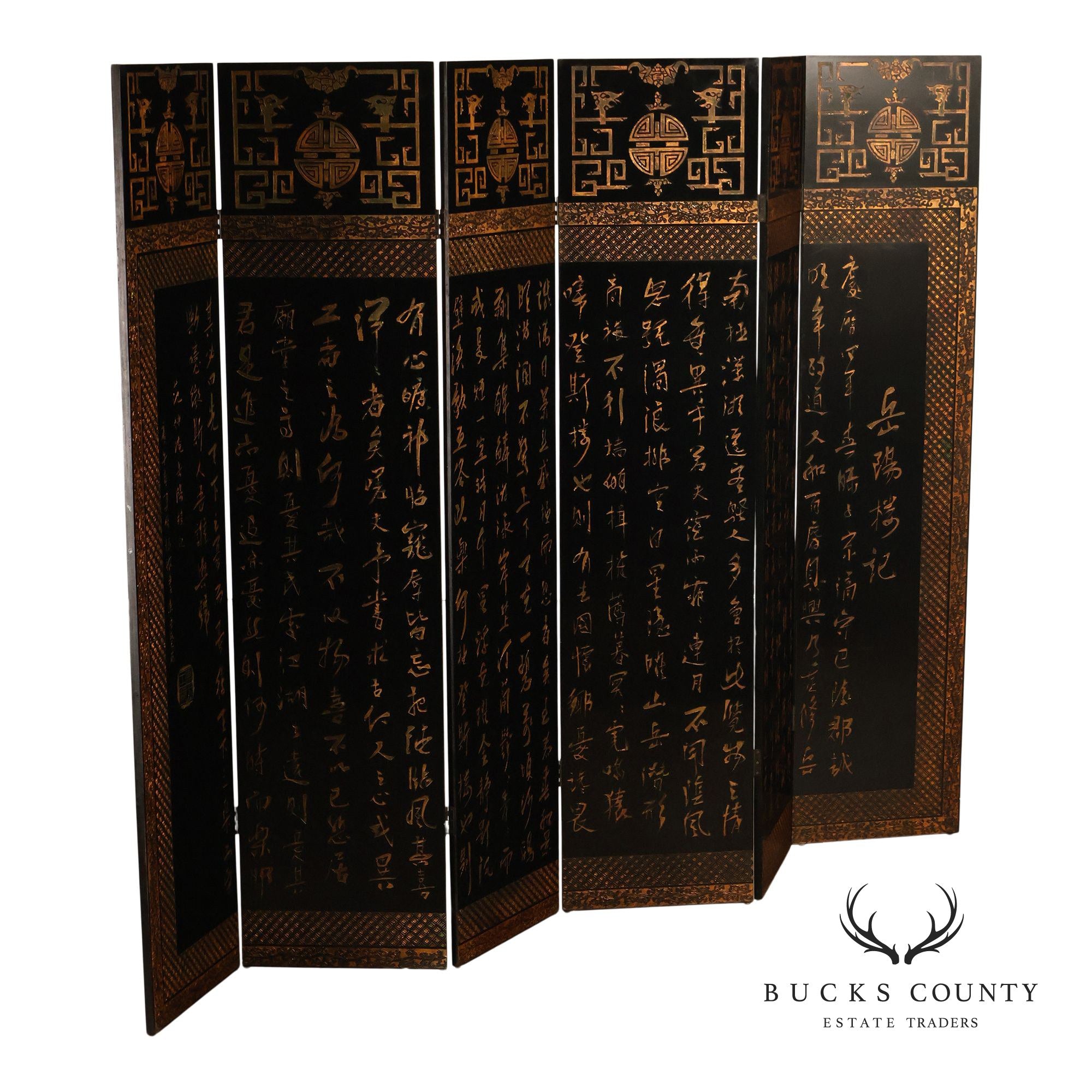 Vintage Chinese Six Panel Black Lacquer Coromandel Style Folding Screen Room Divider