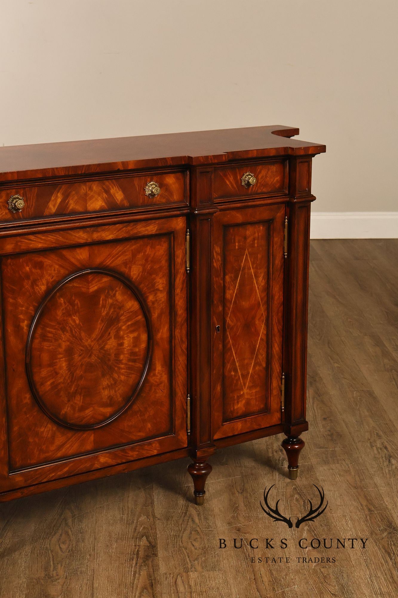Theodore Alexander Replica Concave Mahogany And Burl Mahogany Sideboard Cabinet