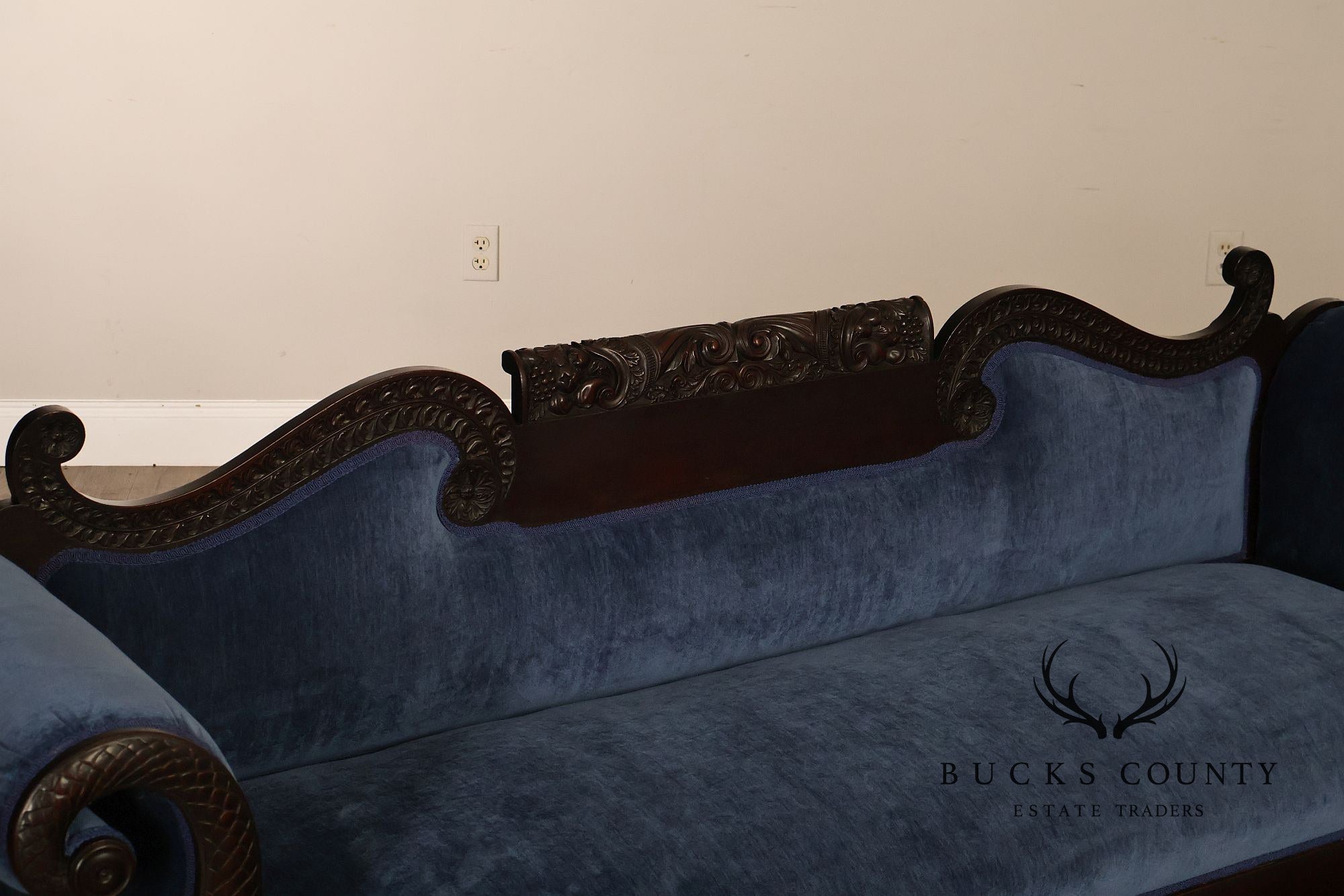 Antique American Empire Mahogany Carved Swan Arm Sofa With Blue Upholstery