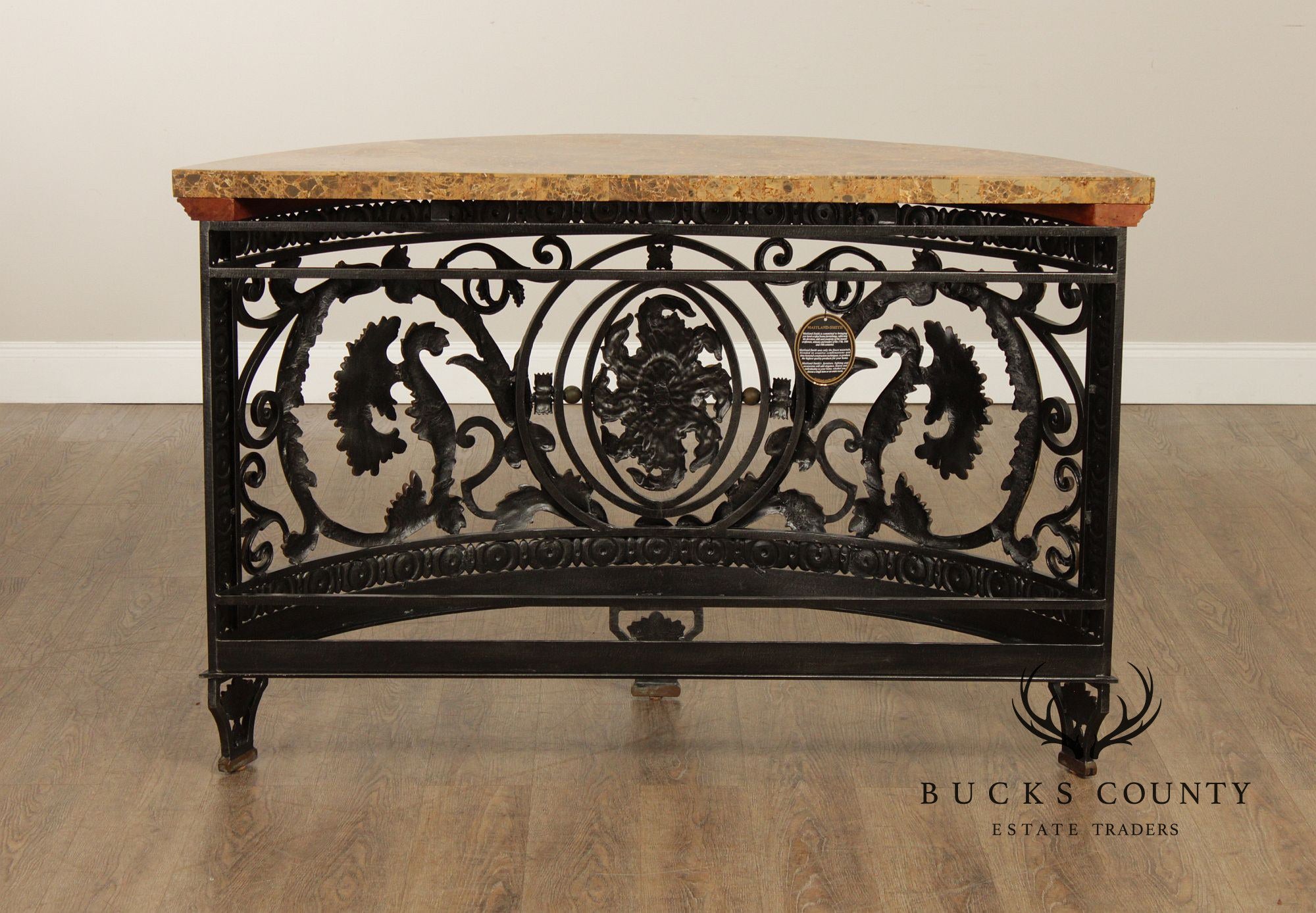 Maitland Smith Marble Top Demilune Wrought Iron Console Table