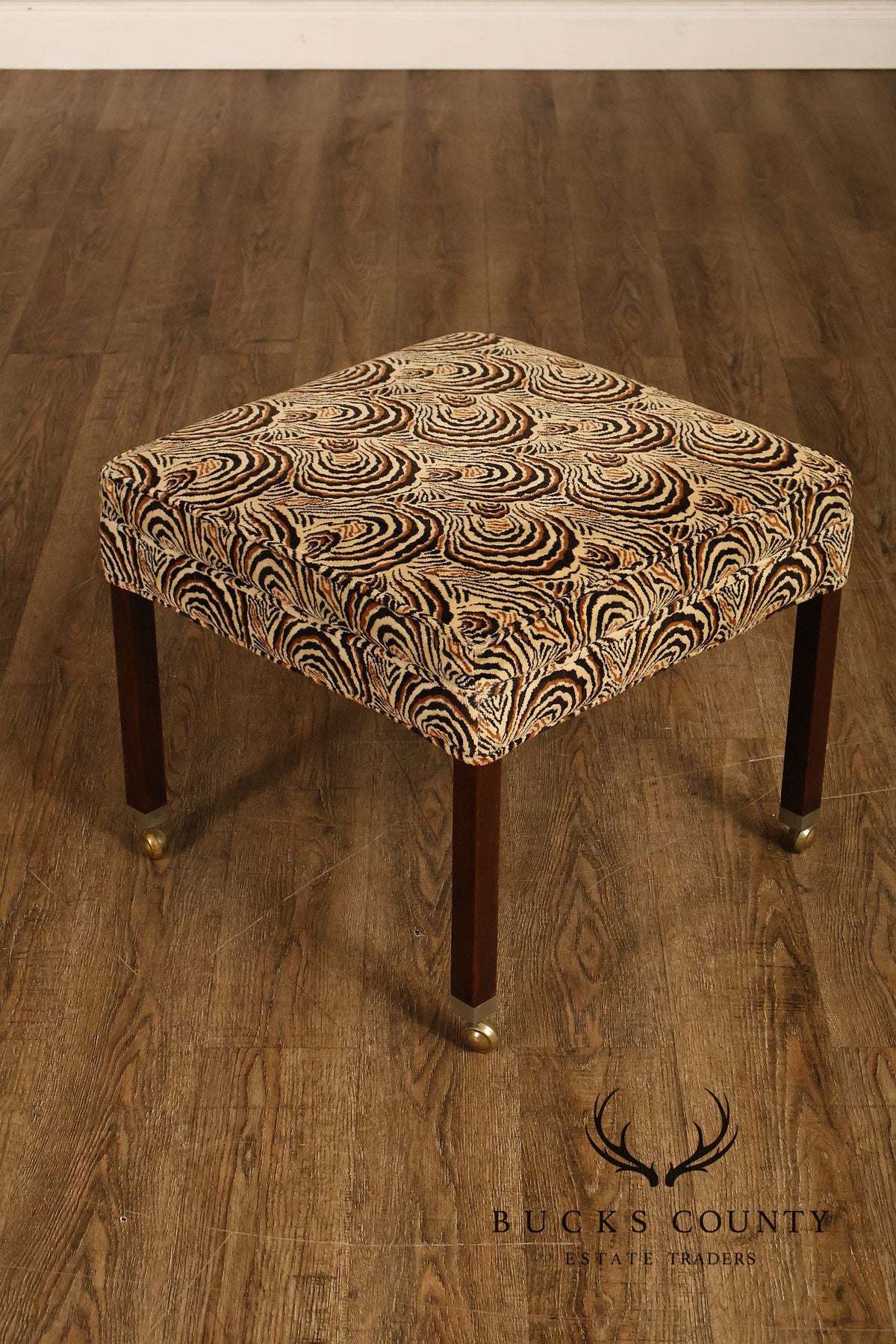 Postmodern Style Pair Of Square Upholstered Stools With Brass Casters