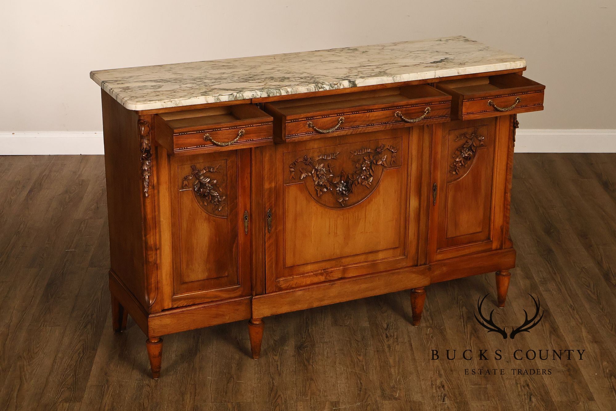Antique French Louis XVI Style Carved Walnut Marble Top Buffet Sideboard