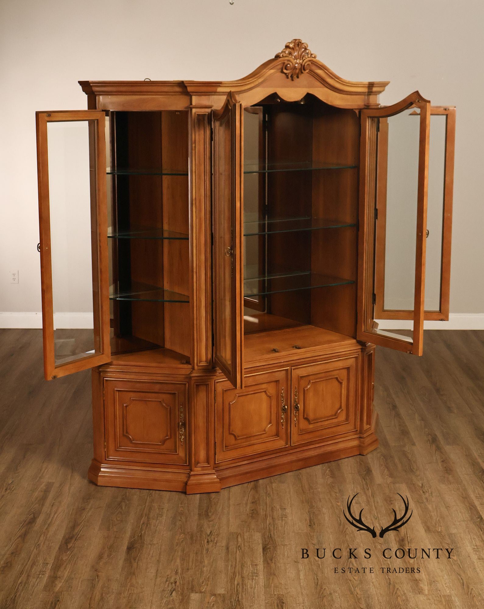 Century Furniture French Provincial Style Fruitwood Lighted China Cabinet