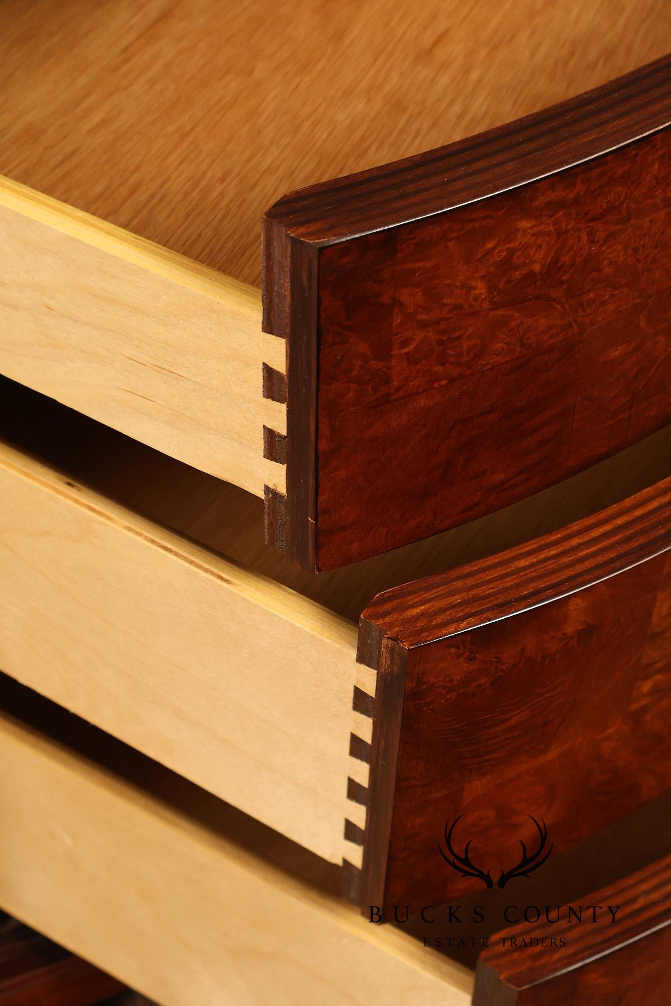 Thomasville Bogart Collection Pair of Marble Top Burlwood Commodes