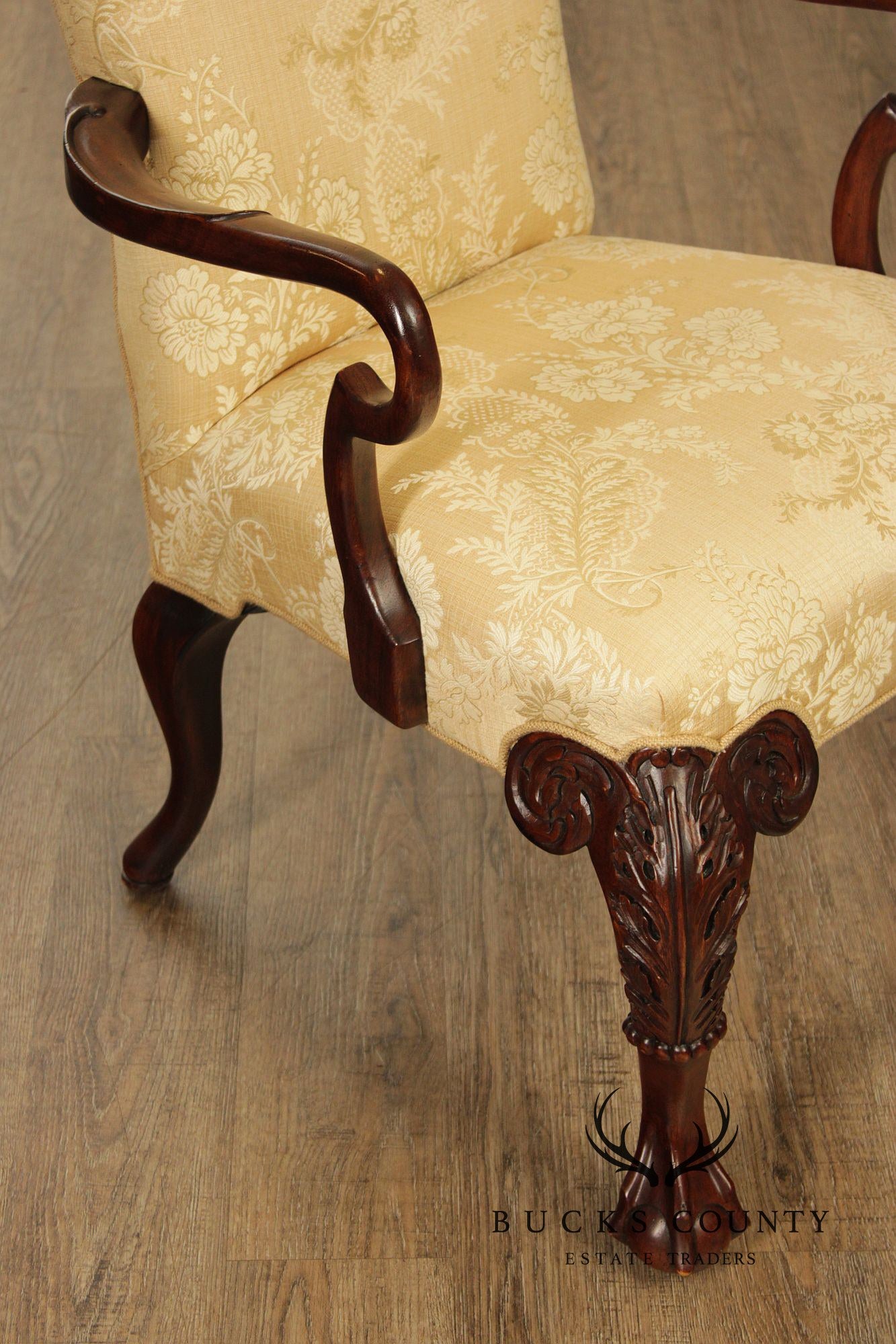 Century Furniture Pair Of Chippendale Style Carved Mahogany Upholstered Armchairs