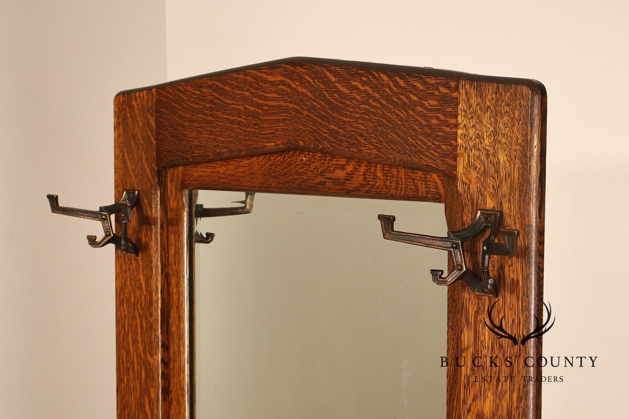 Antique Arts And Crafts Oak Mirrored Hall Seat