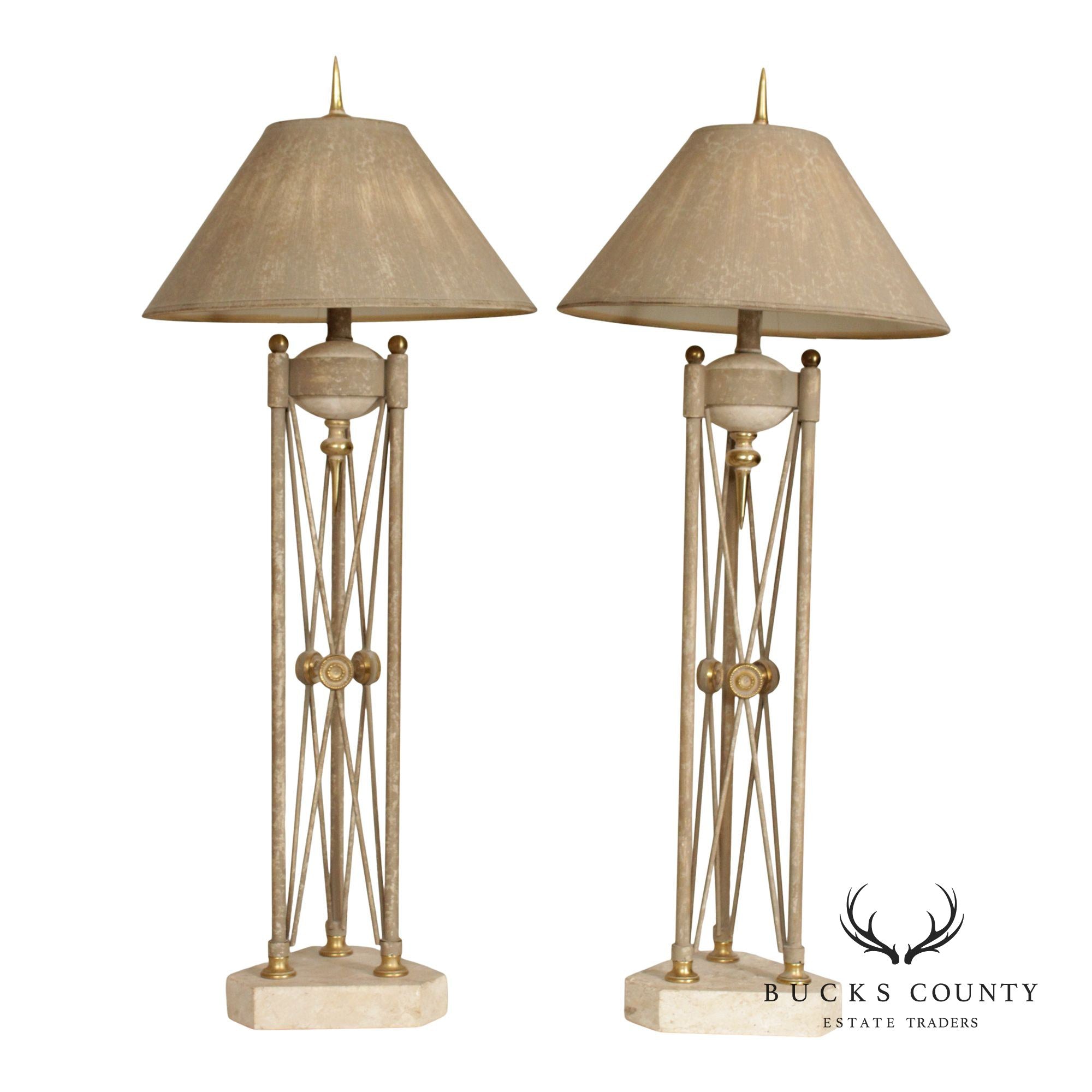 Neoclassical Style Pair of Travertine Table Lamps