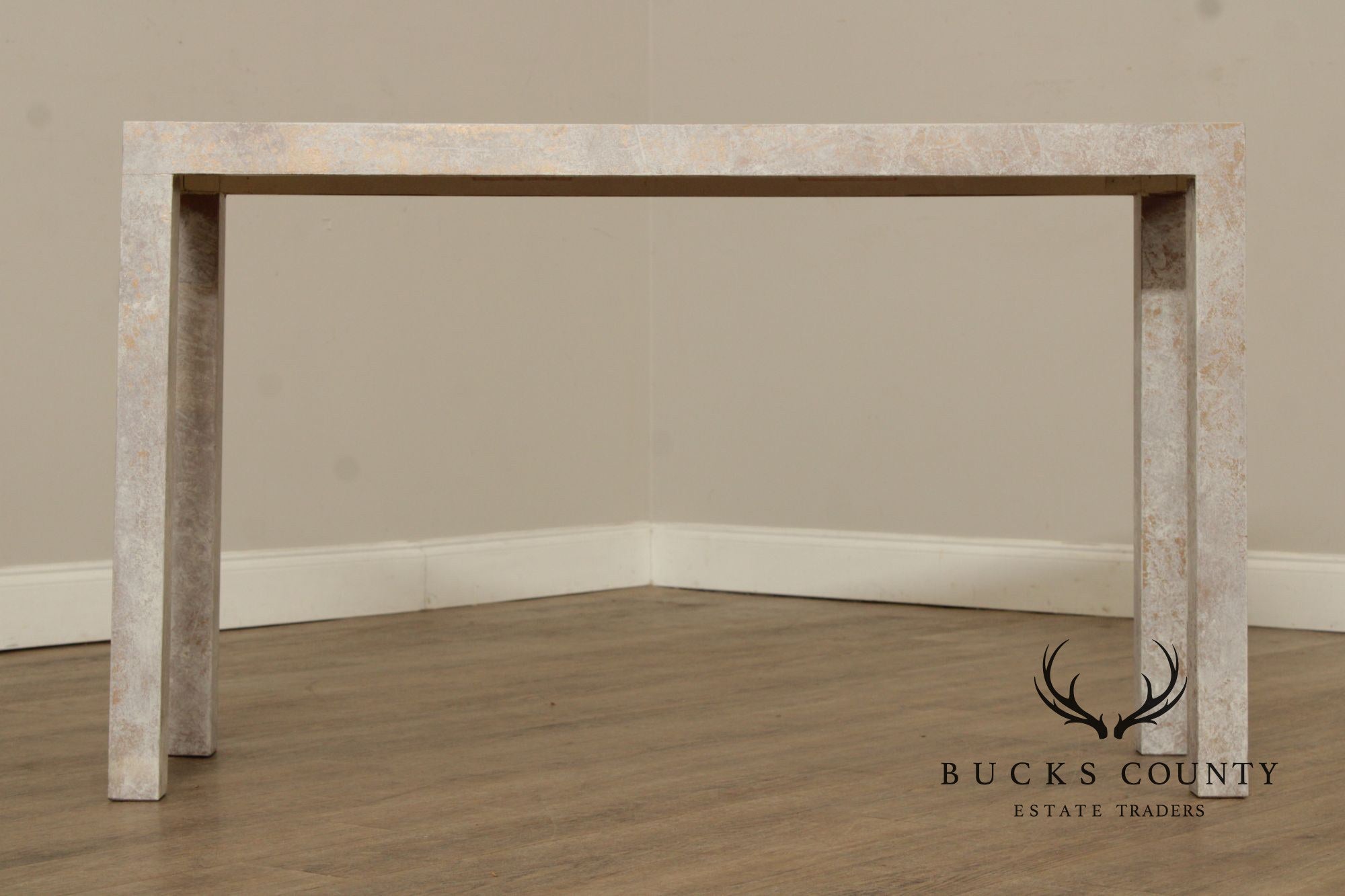 Mid Century Modern Cerused Painted Pair Of Burl Wood Parsons Console Tables