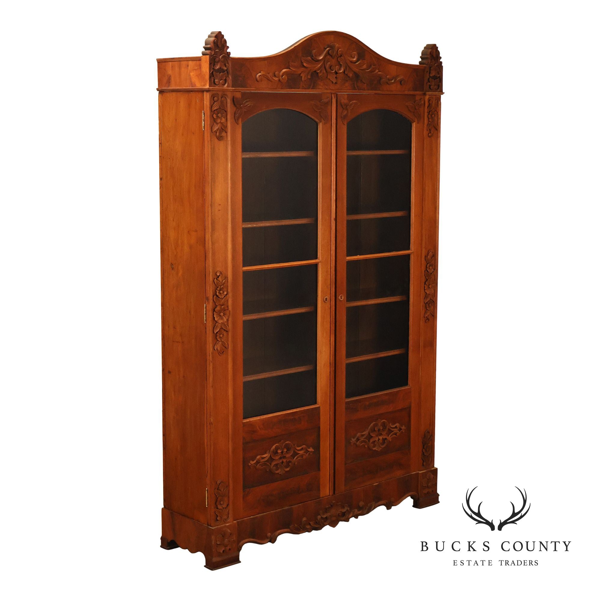 Antique Victorian Renaissance Revival Mahogany Large Two Door Bookcase