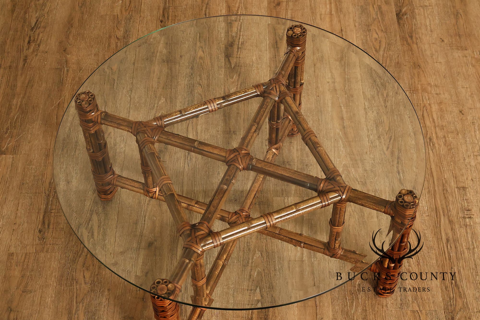 McGuire Bamboo And Rattan Round Glass Top Coffee Table