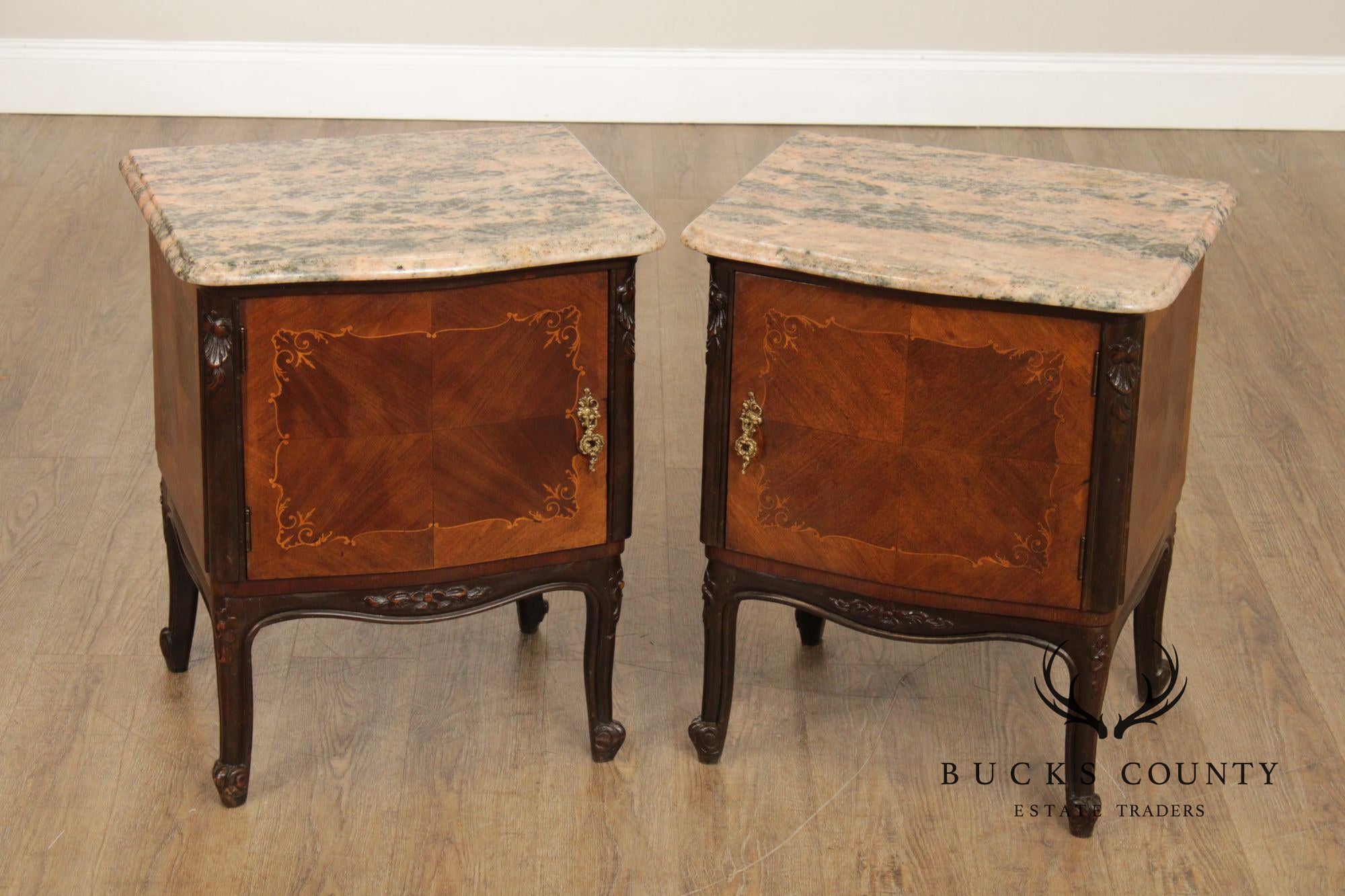 Italian Rococo Style Pair of Marble Top Nightstands