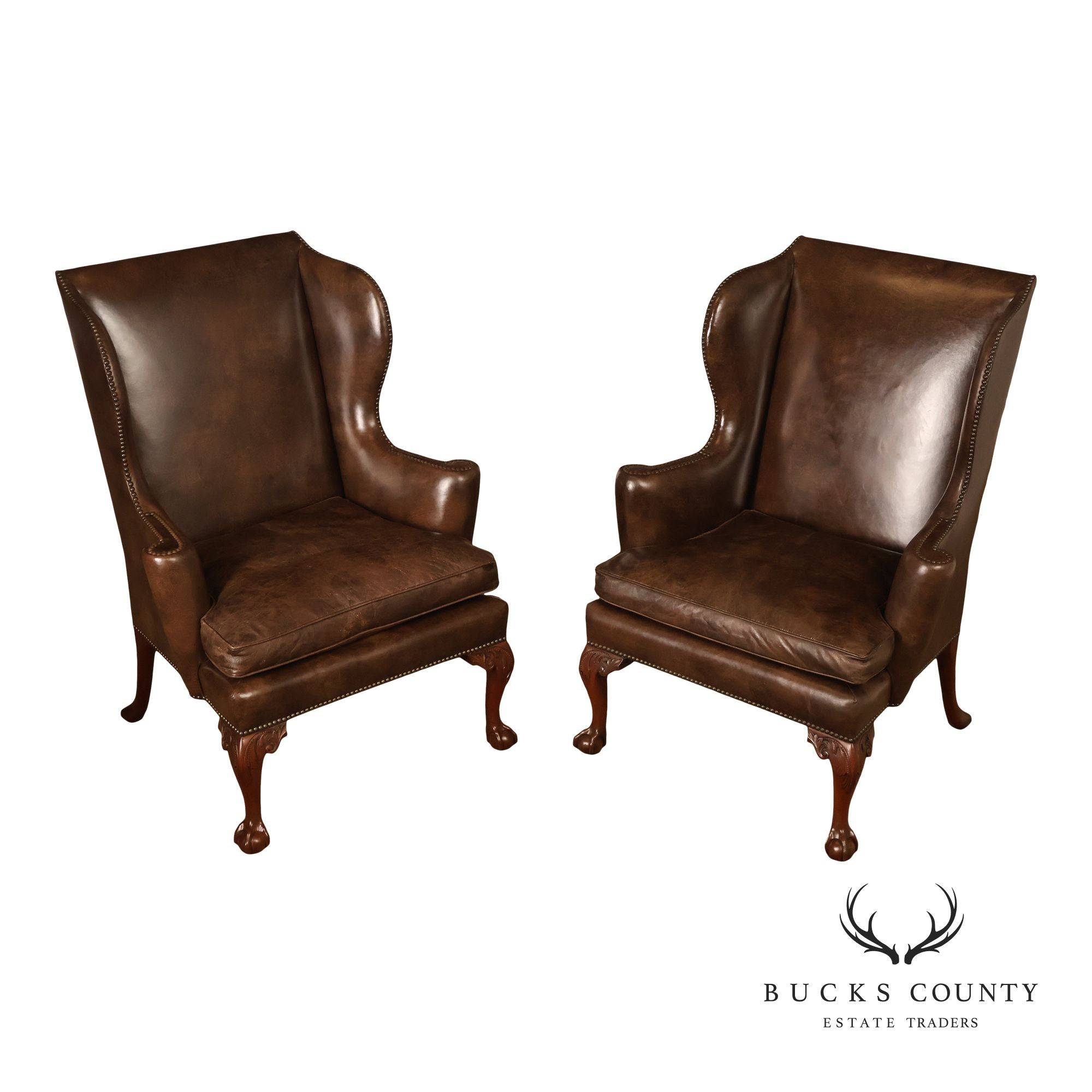Kittinger Colonial Williamsburg Chippendale Style Pair Leather Wing Chairs