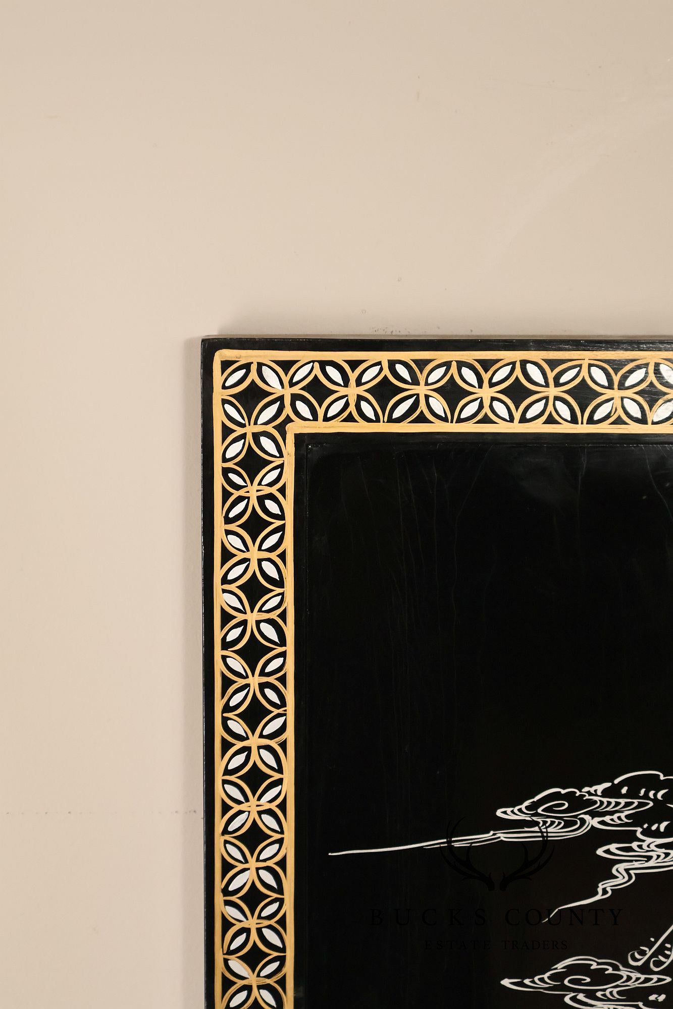 Asian Black Lacquer Vintage Pair Of Four Panel Folding Screens With Mother Of Pearl Inlay