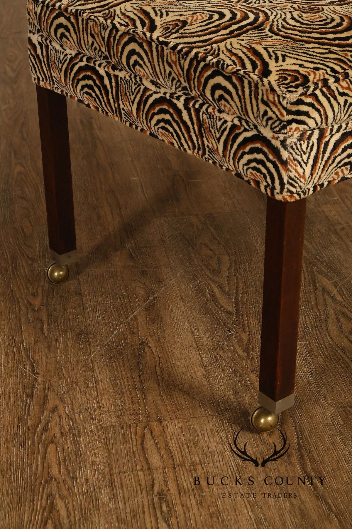 Postmodern Style Pair Of Square Upholstered Stools With Brass Casters