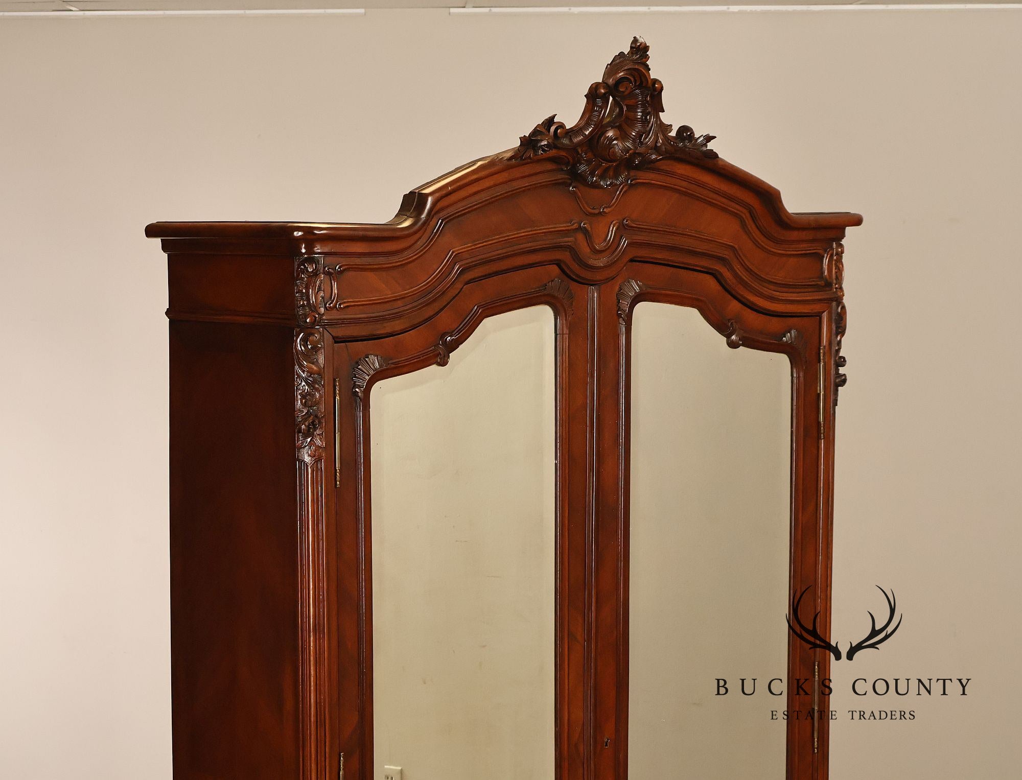 French Louis XV Style Antique Carved Mahogany Mirrored Armoire