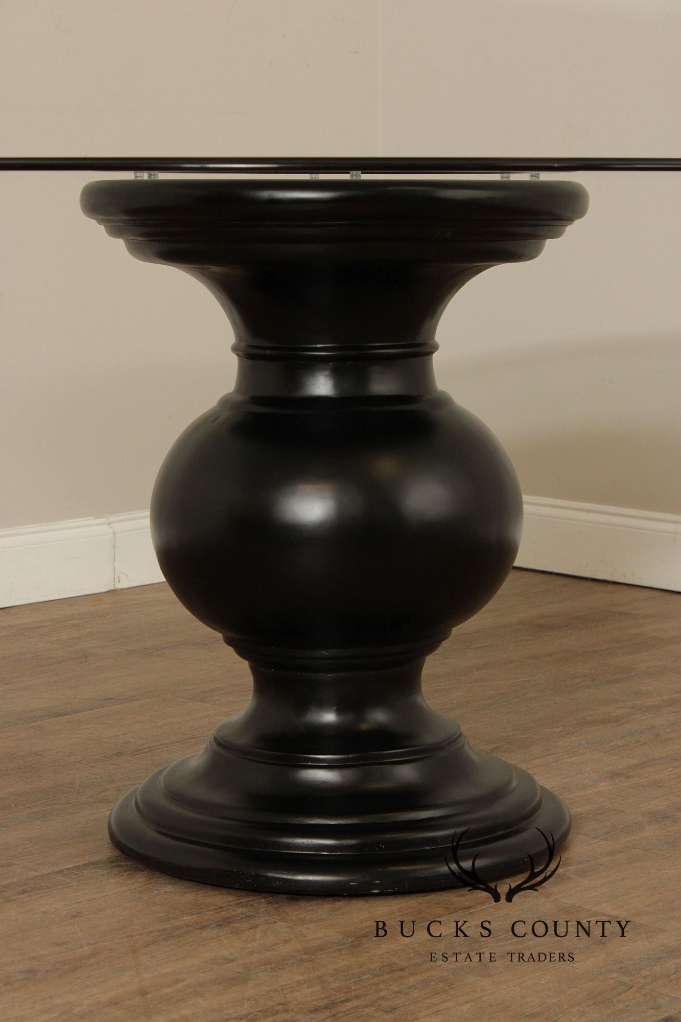 Contemporary Round Glass Top Ebonized Pedestal Dining Table