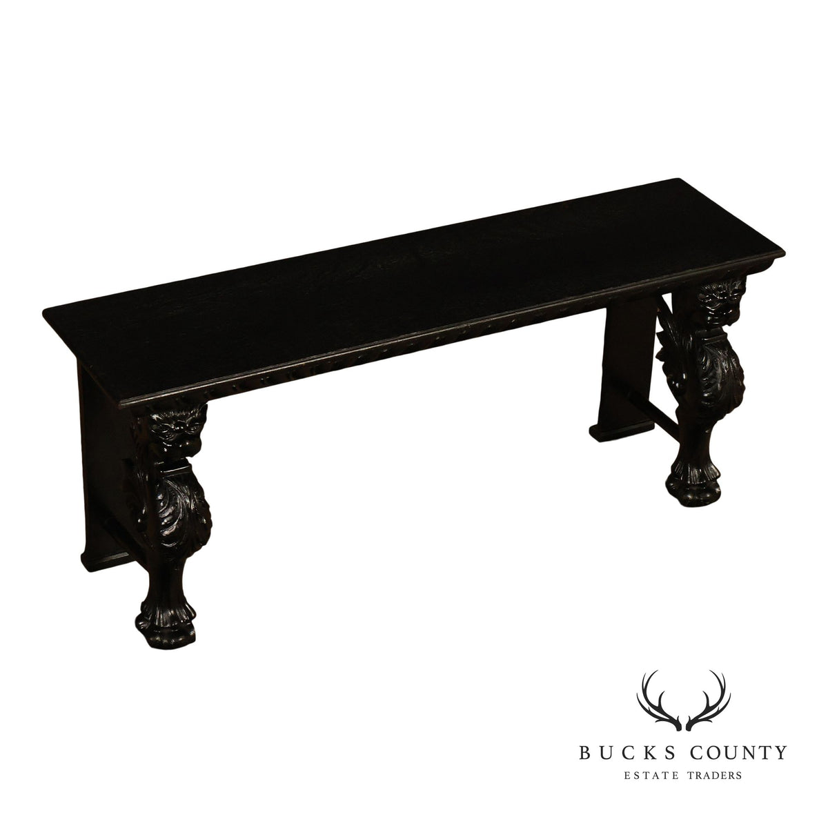 Antique Renaissance Revival Ebonized Oak Carved Griffin Bench