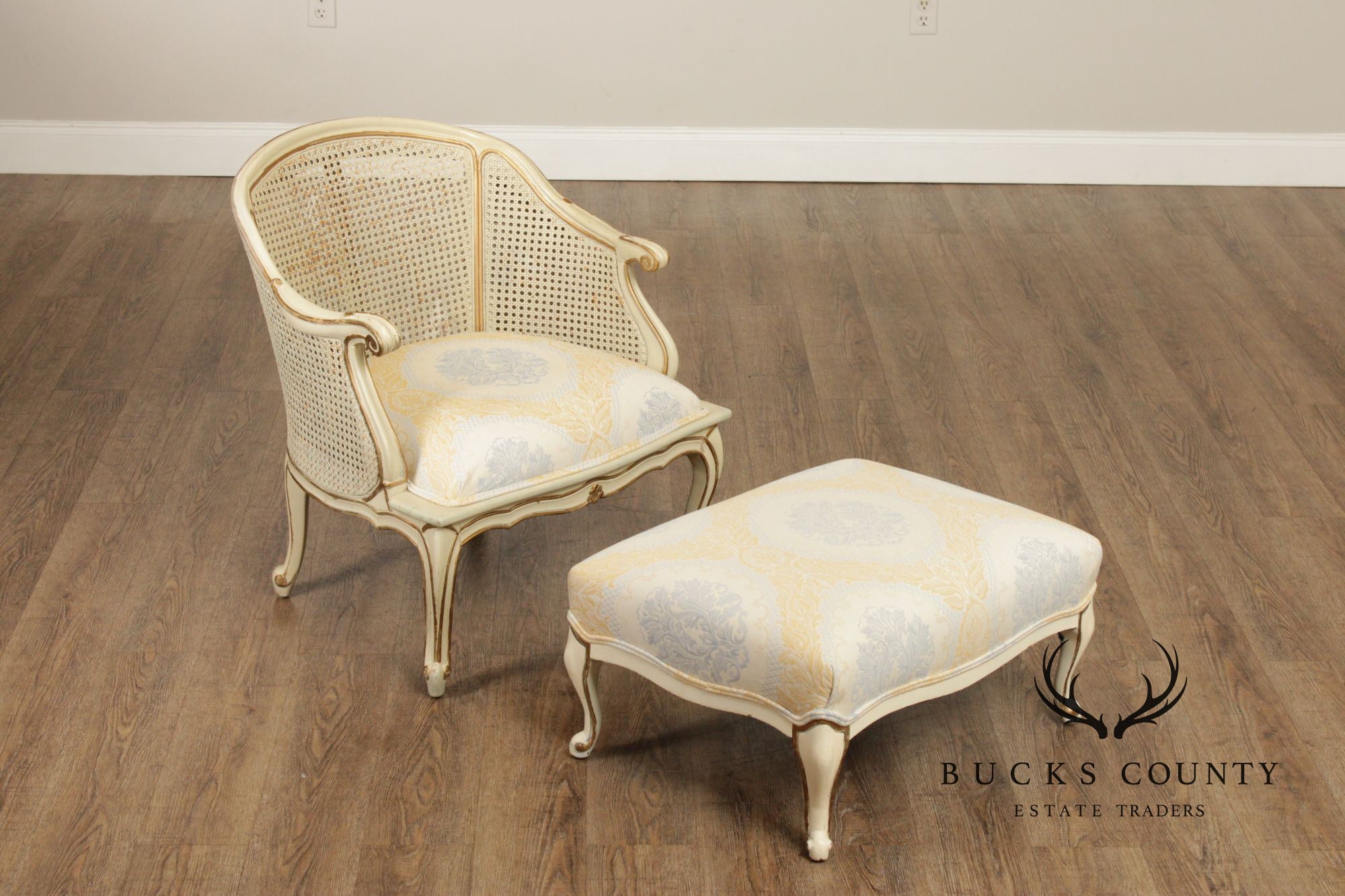 French Provincial Style Barrel Back Caned Lounge Chair and Ottoman