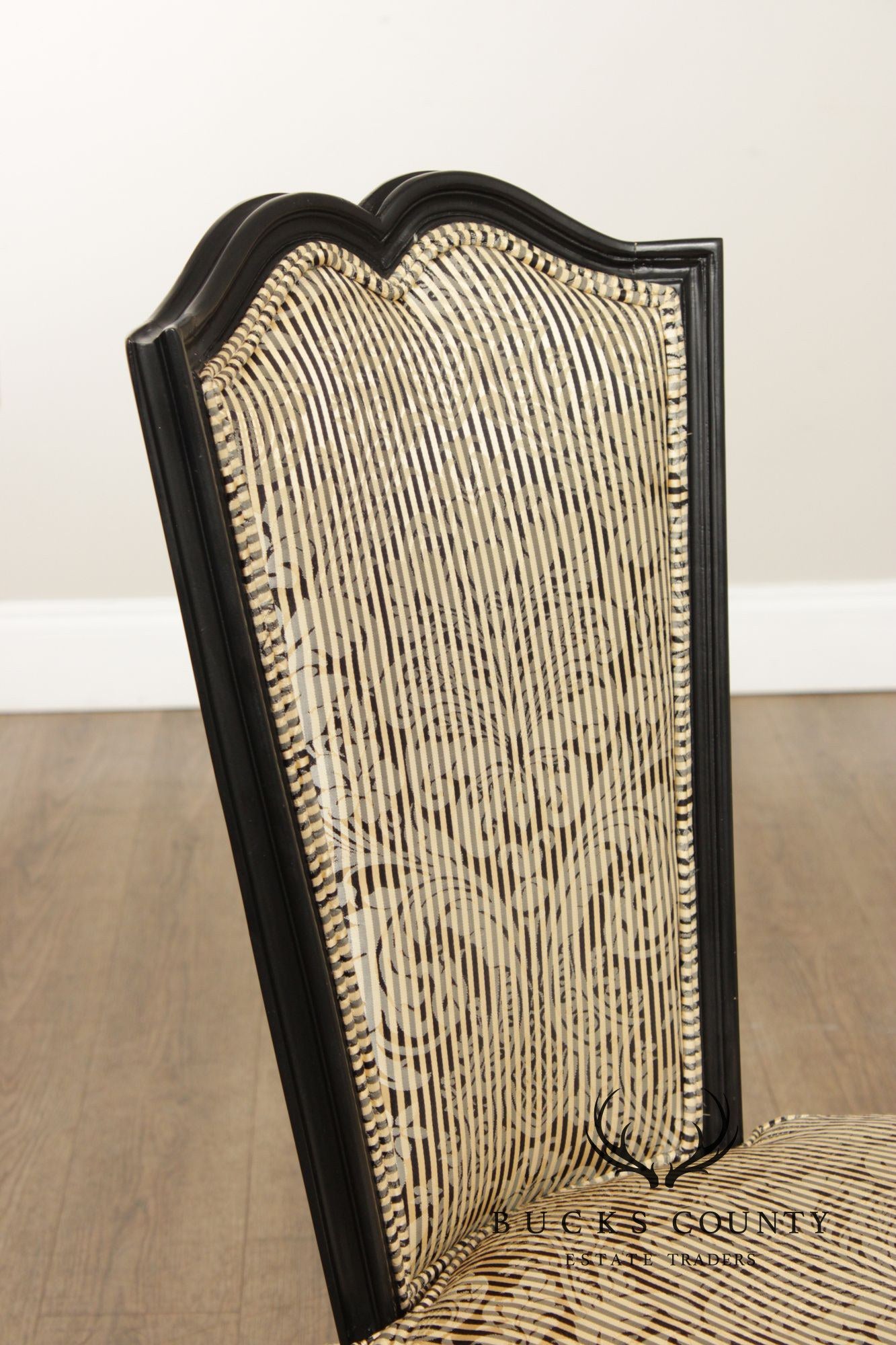 Italian Rococo Style Pair of Ebonized and Partial Gilt Side Chairs