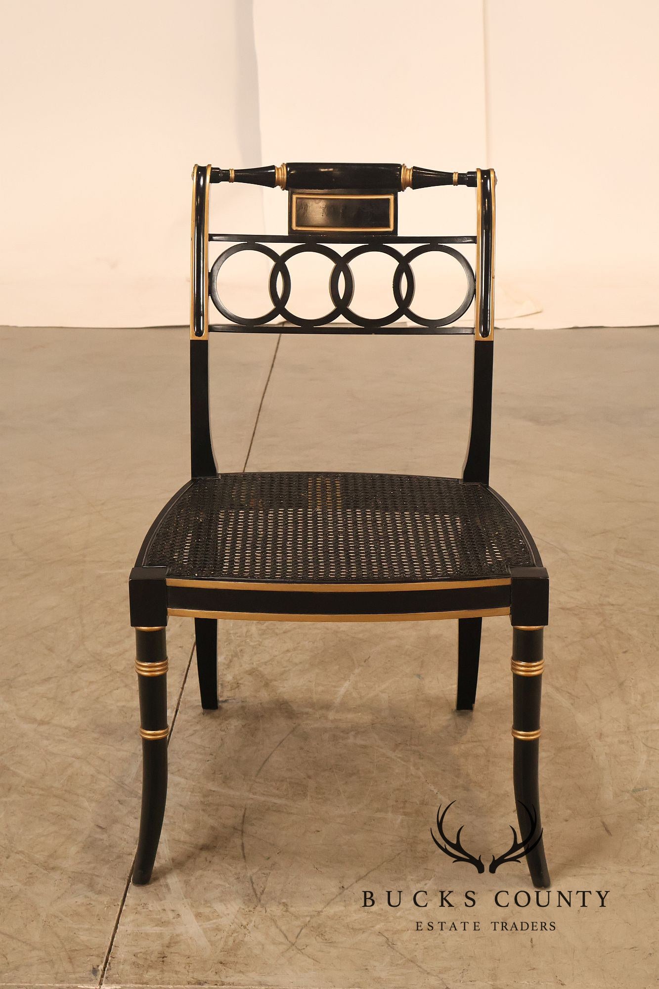Baker Regency Style Pair of Ebonized and Partial Gilt Side Chairs