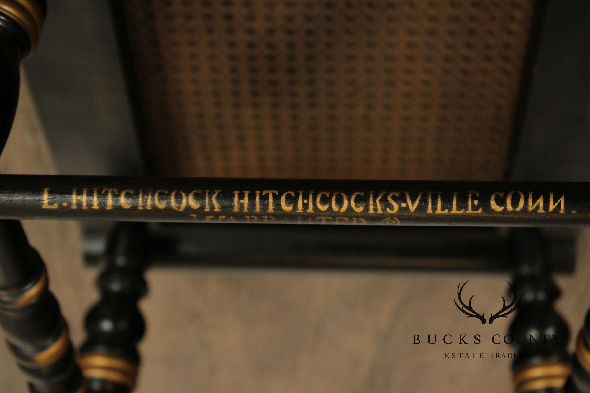 Pair Of L. Hitchcock Black And Gold Hand Stenciled Caned Benches