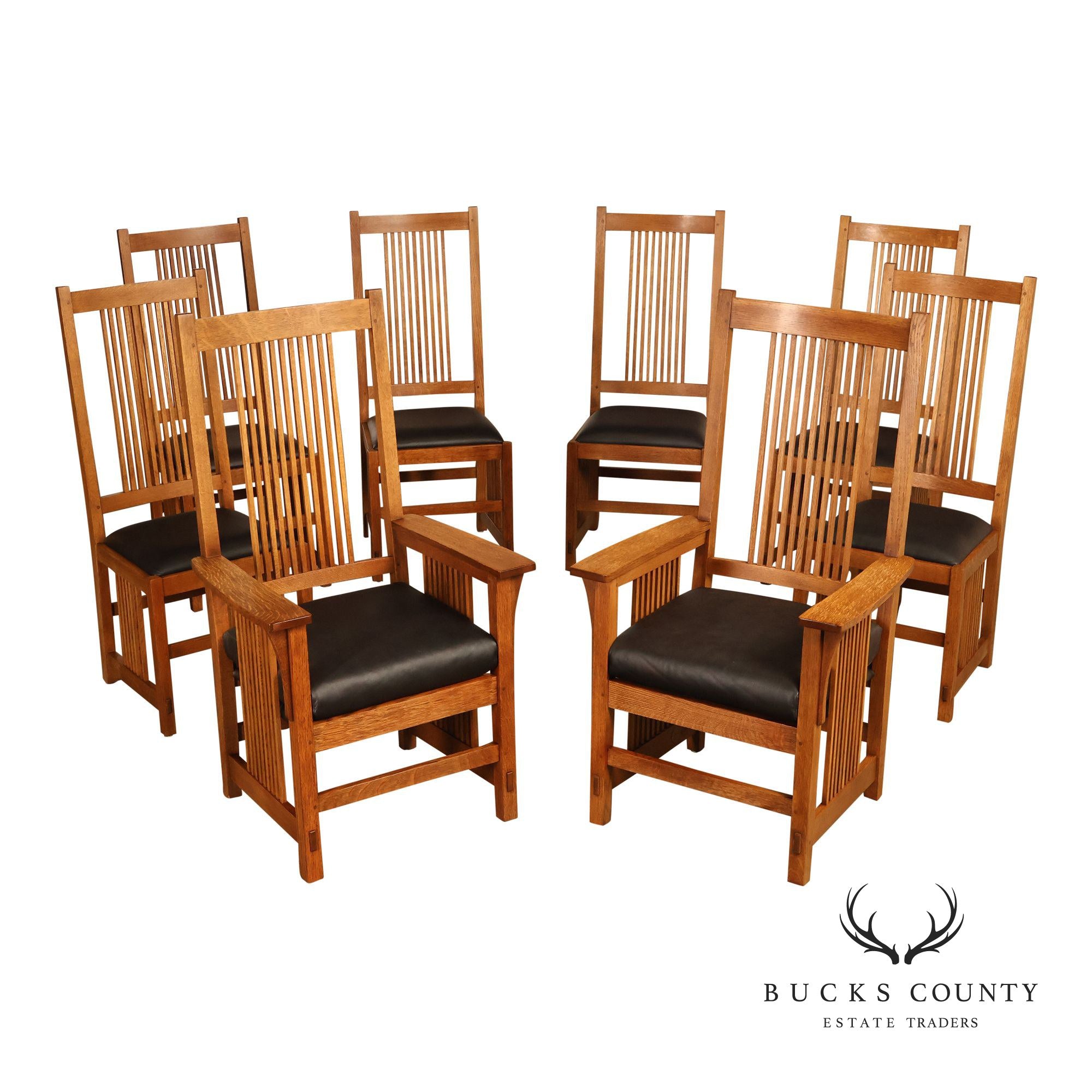 Stickley Mission Collection Set of Eight Oak Spindle Dining Chairs