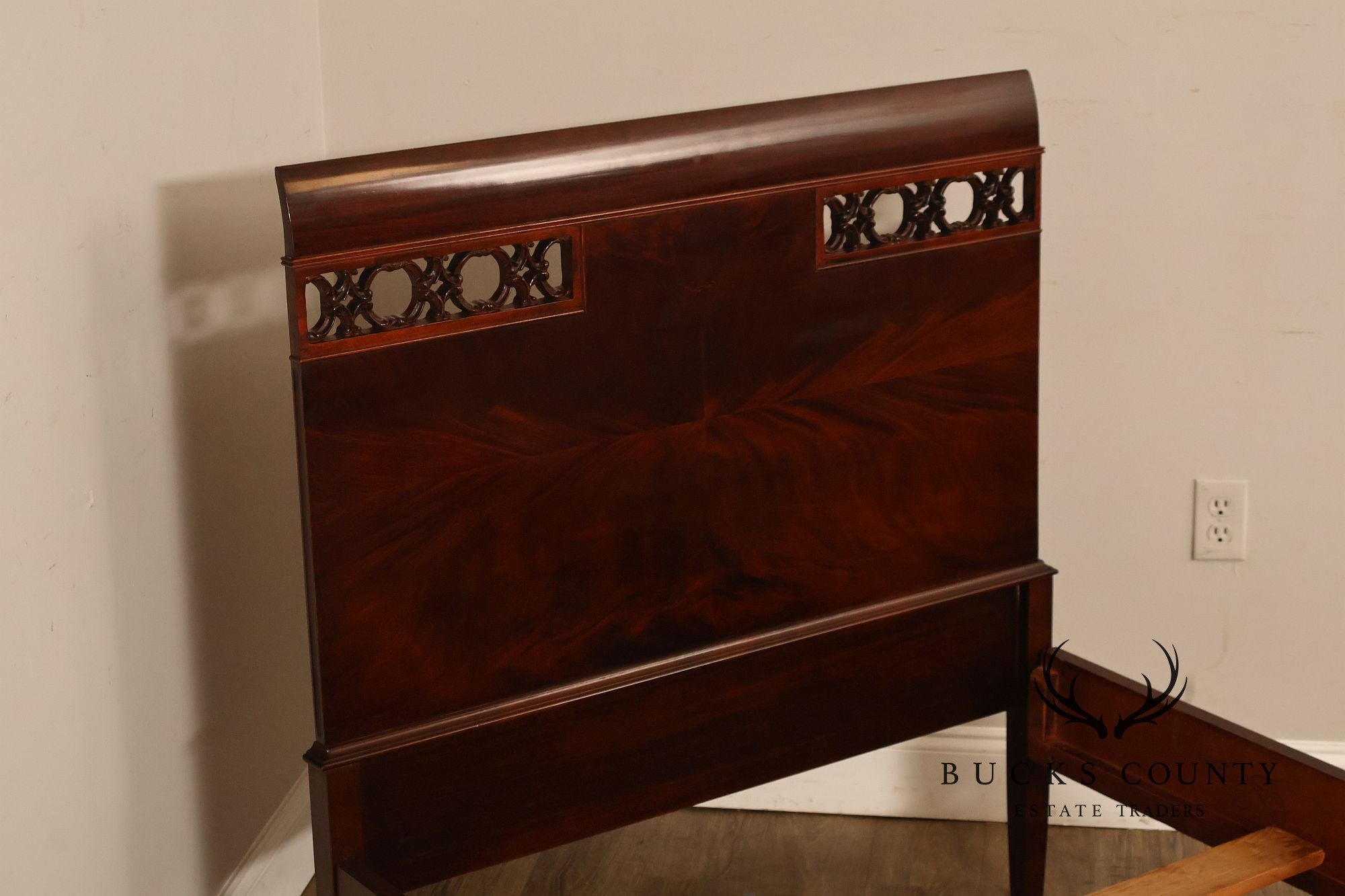 Pair of Vintage Flame Mahogany Twin Beds with Pierced Headboards, Circa 1940s