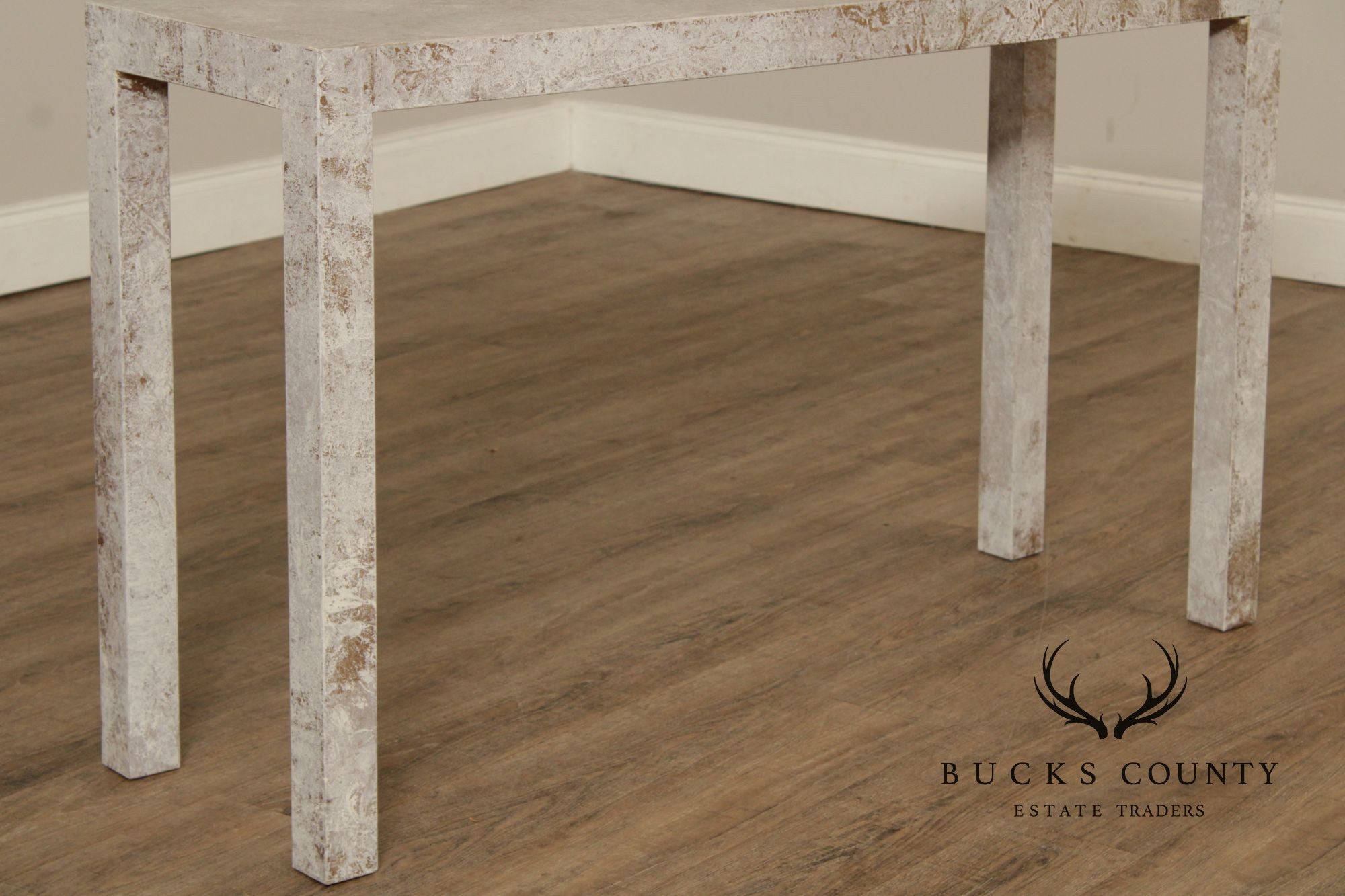 Mid Century Modern Cerused Painted Pair Of Burl Wood Parsons Console Tables