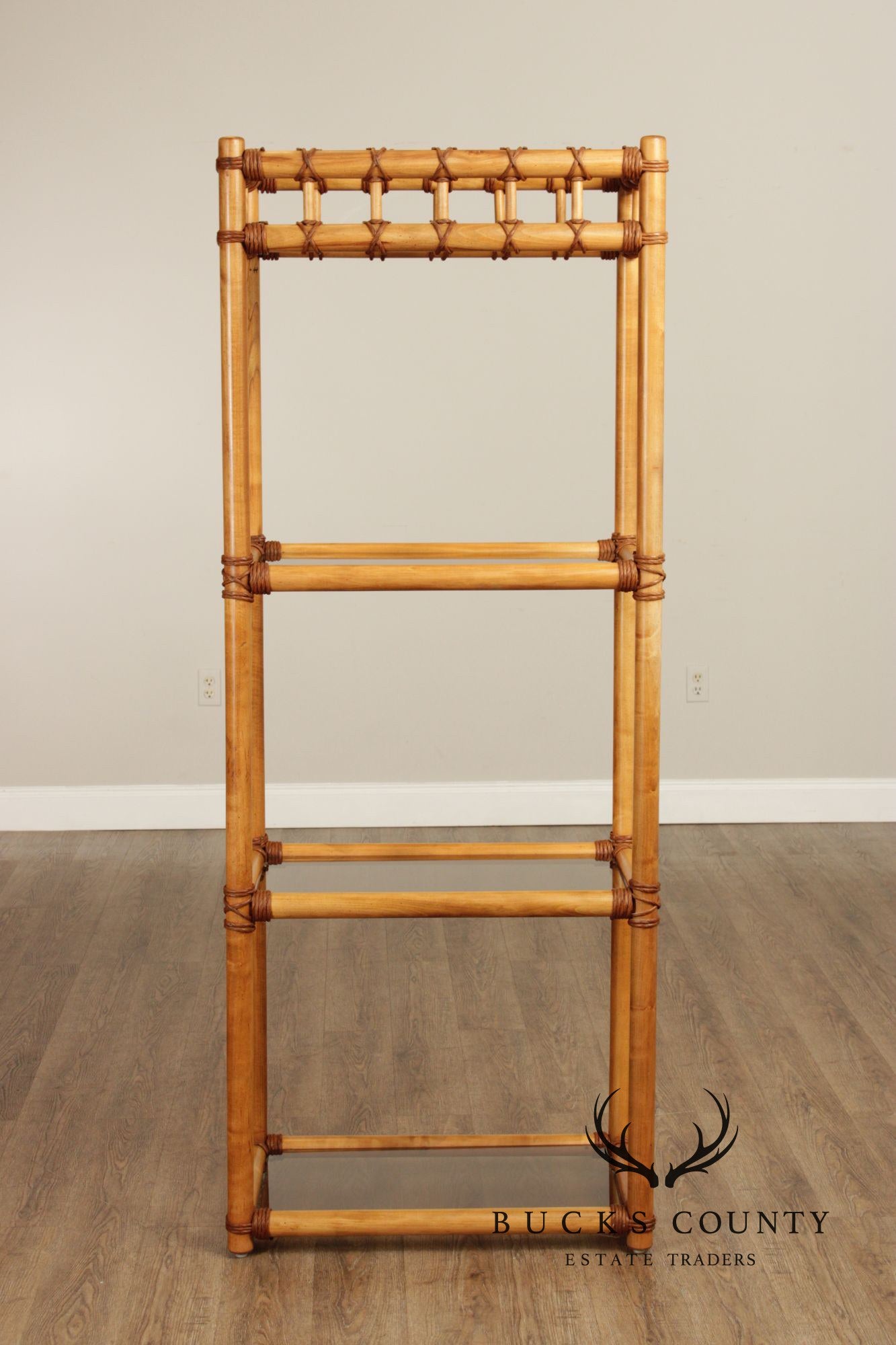 Vintage Coastal Style Bamboo And Glass Shelf Etagere