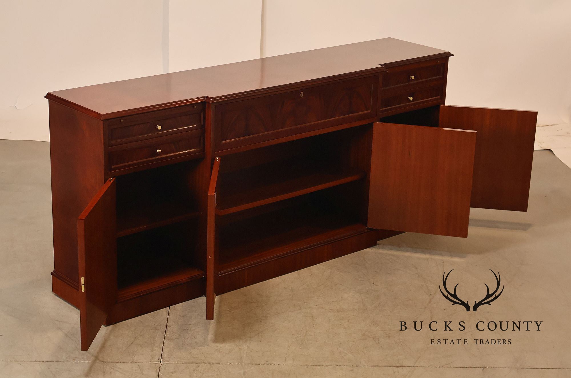 Flame Mahogany Breakfront Buffet Sideboard with Drop Front Secretary Desk