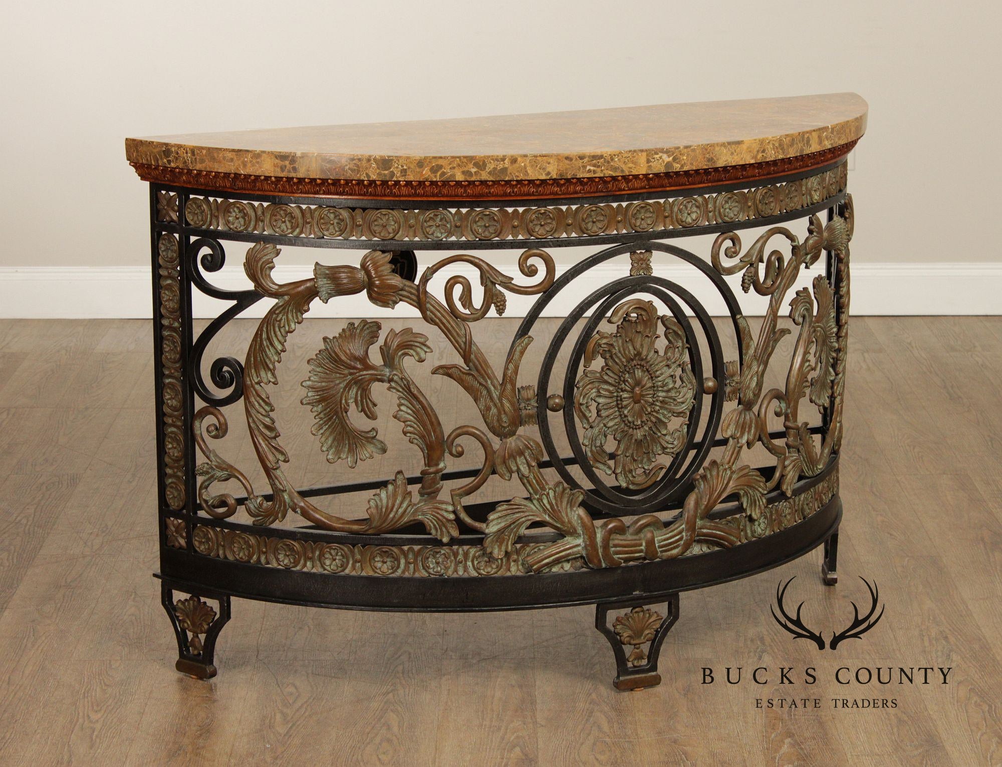 Maitland Smith Marble Top Demilune Wrought Iron Console Table