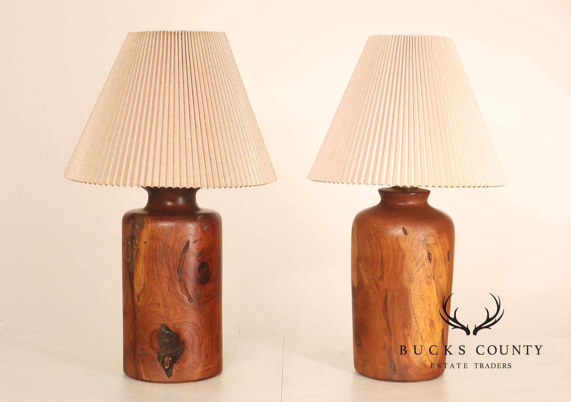 Organic Modern Mid Century Modern Pair of Turned Wood Table Lamps